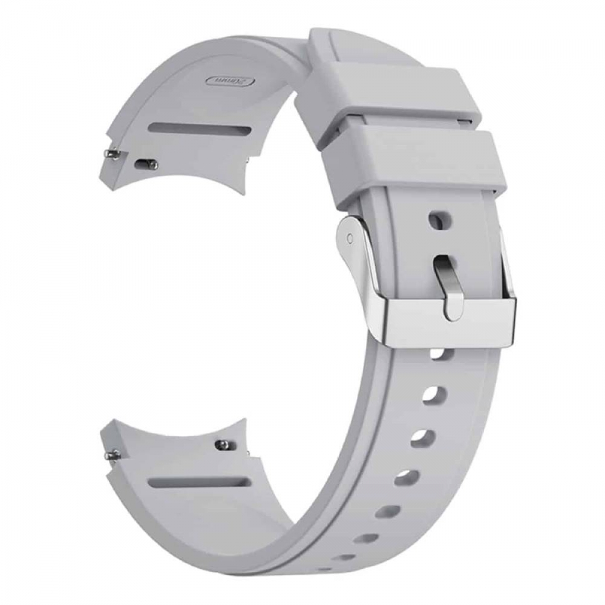 Hellgraues Uhrenarmband mit silberner Schnalle. Weißer Hintergrund.