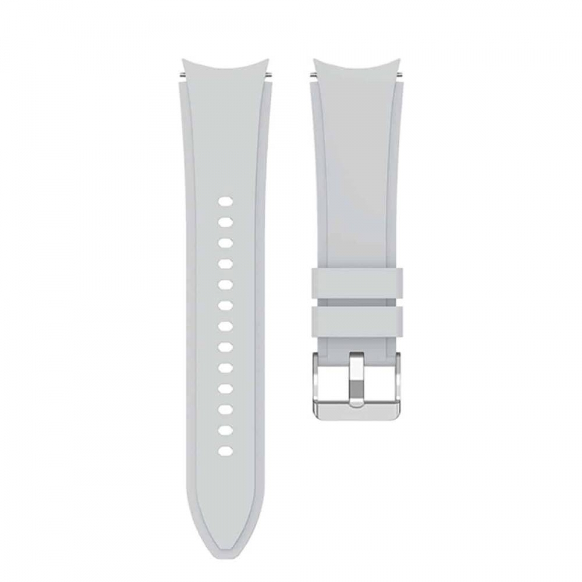 Zwei hellgraue Smartwatch-Armbänder nebeneinander, eines mit Löchern, eines mit Schnalle.