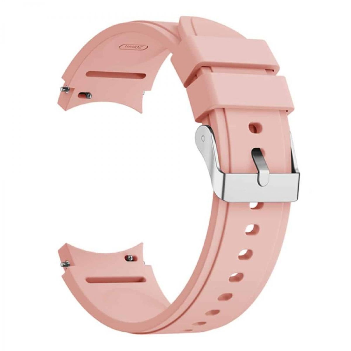 Rosa Uhrenarmband mit silberner Schnalle. Weißer Hintergrund.