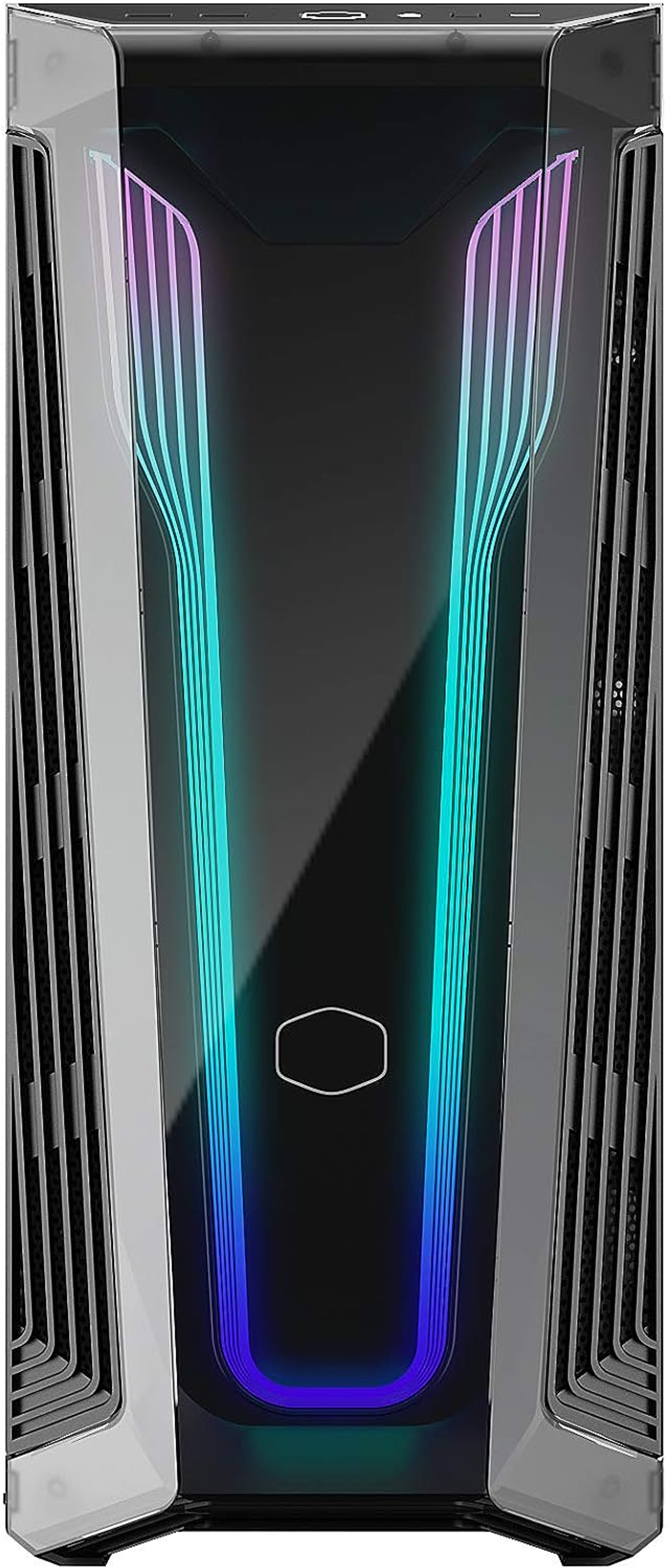 Schwarzes Computergehäuse mit farbigen Lichtern auf der Vorderseite, vor weißem Hintergrund.
