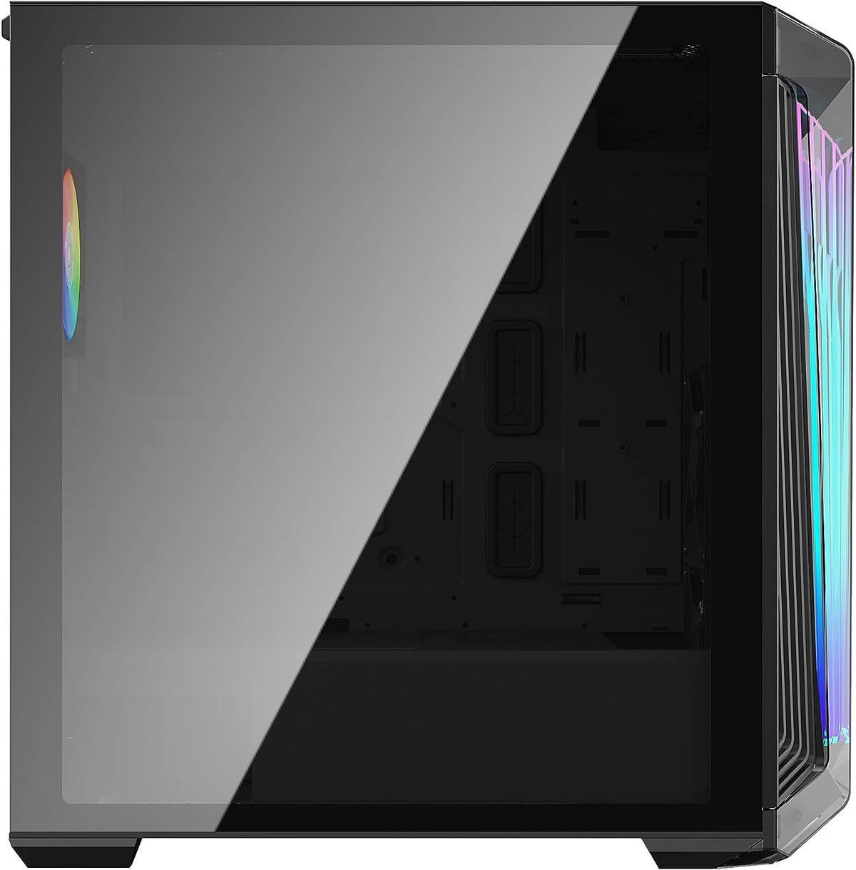 Computergehäuse mit transparentem Seitenteil, das die Komponenten im Inneren zeigt. Das Gehäuse hat RGB-Beleuchtung.