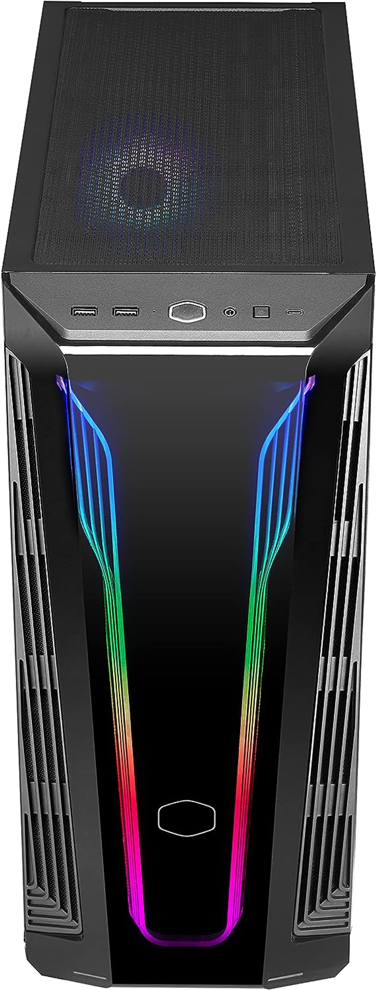 Schwarzes Computergehäuse mit RGB-Beleuchtung. Das Gehäuse hat ein Mesh-Oberteil und eine transparente Seitenwand.