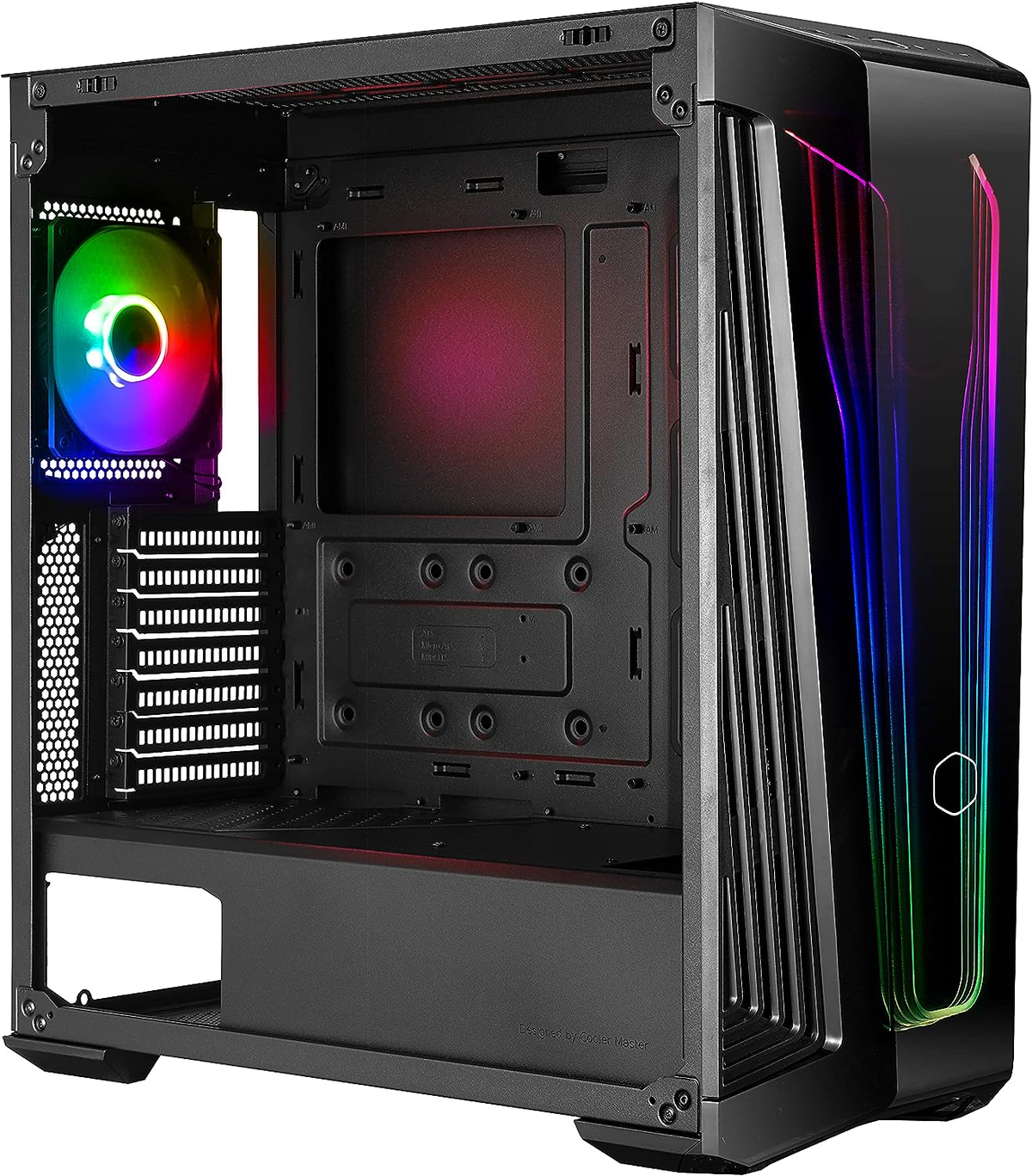 Ein Computergehäuse mit Lüfter, offen, zeigt das Innere. Bunte Lichter beleuchten das Gehäuse.