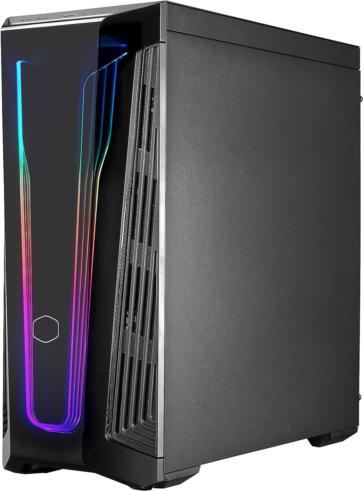 Schwarzes Computergehäuse mit bunten LED-Leuchten an der Vorder- und Seite.
