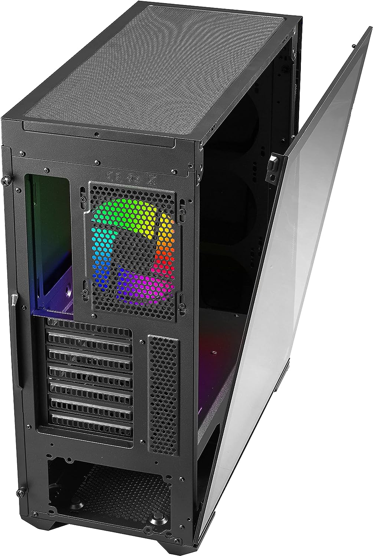 Computergehäuse mit geöffneter Glasseitenwand, sichtbarer Lüfter mit Regenbogenlichtern.