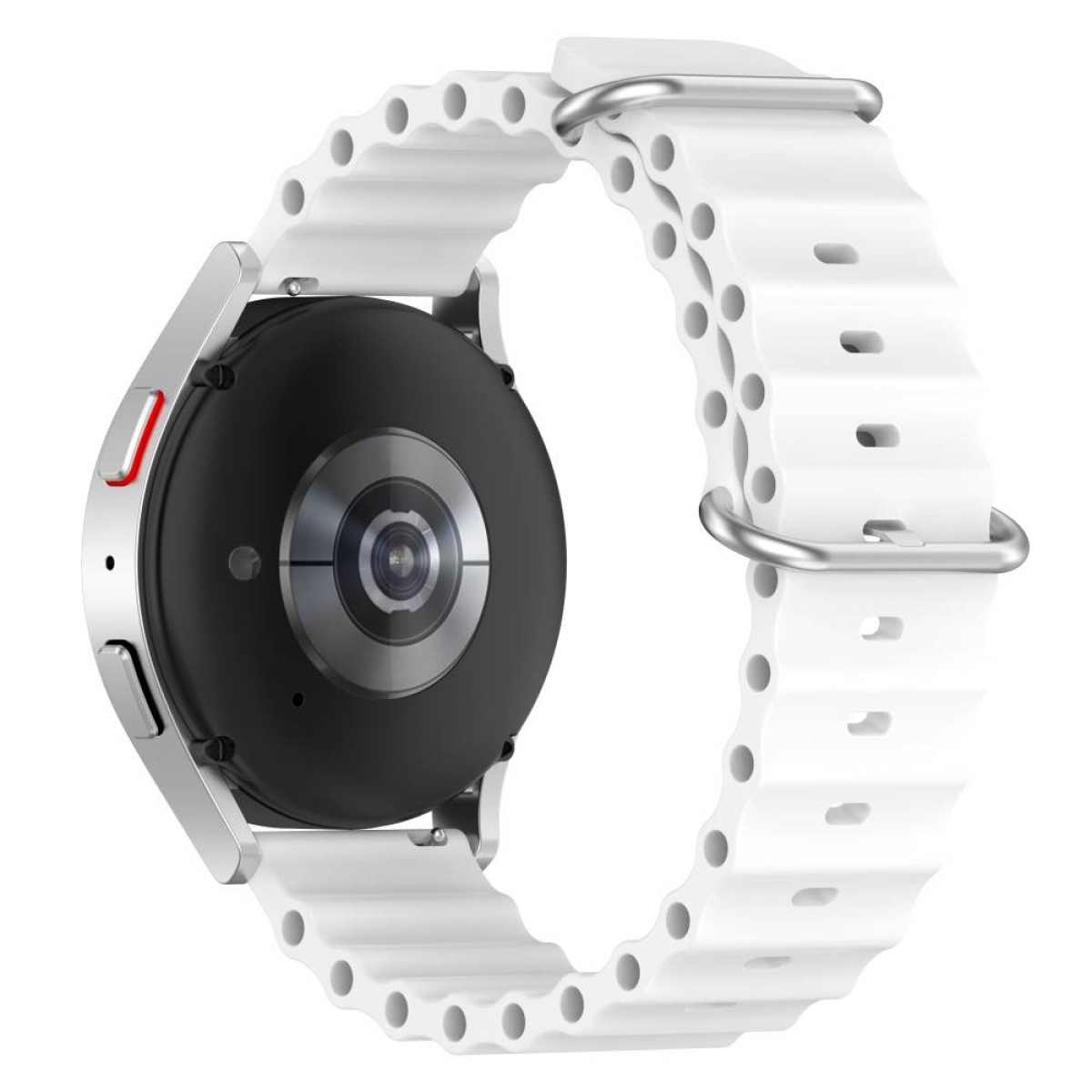 Eine silberne Smartwatch mit weißem Armband. Die Rückseite der Uhr ist schwarz.