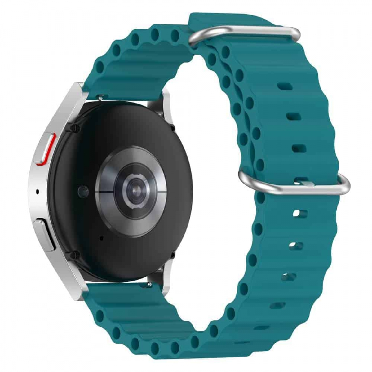 Smartwatch mit tealfarbenem Armband. Silbernes Gehäuse, schwarzes Zifferblatt. Weißer Hintergrund.