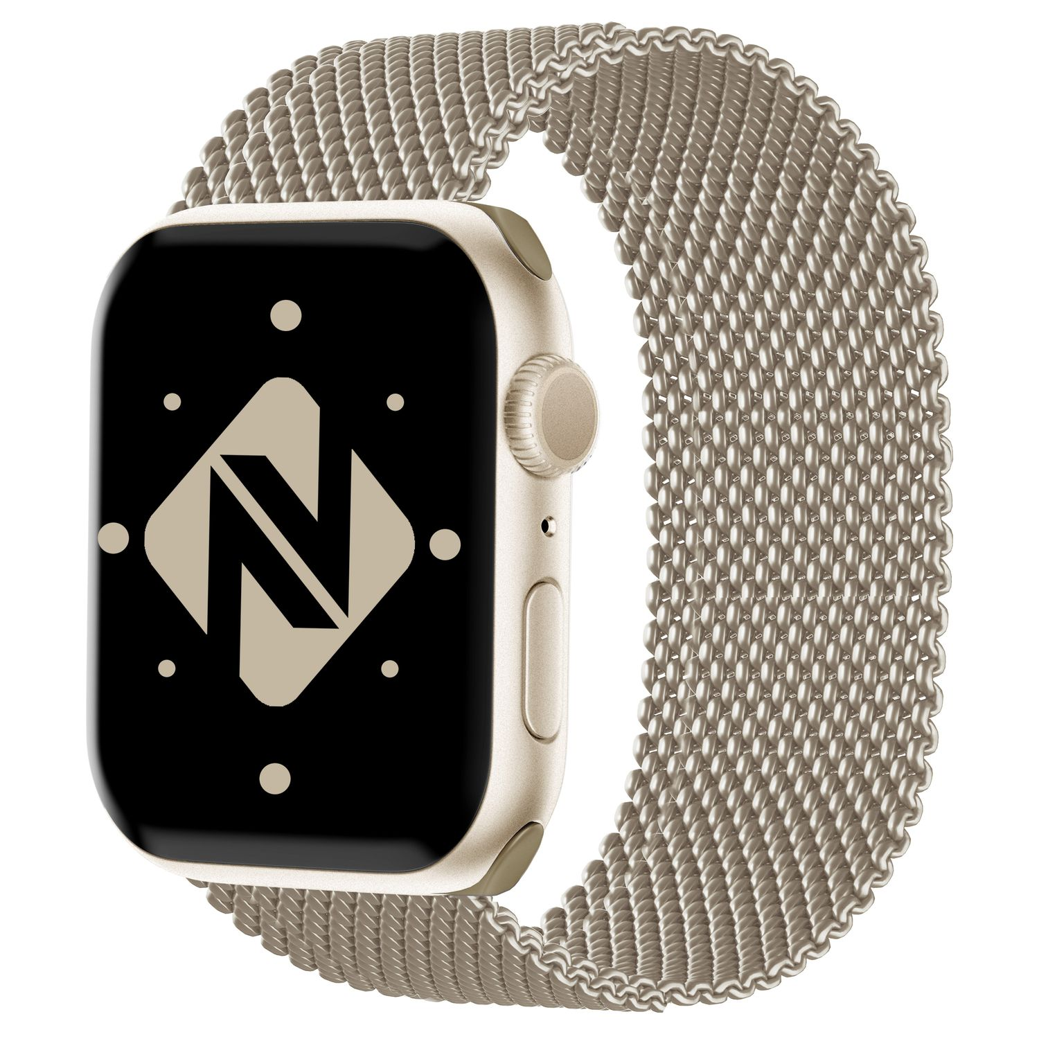 Goldene Smartwatch mit schwarzem Display mit Logo und goldfarbenem Mesh-Armband. Weißer Hintergrund.