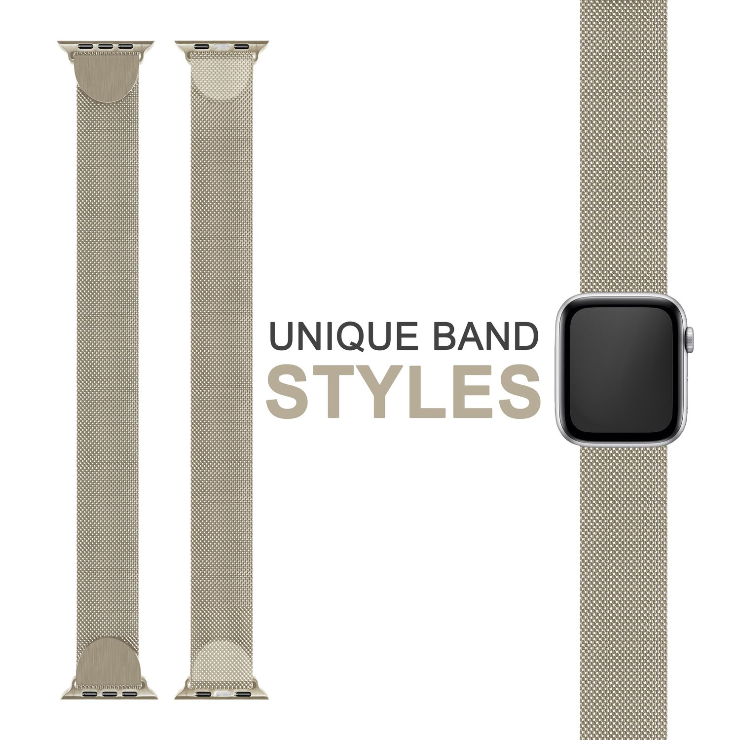 Zwei beige Mesh-Uhrenarmbänder und eine Uhr. Die Worte UNIQUE BAND STYLES sind geschrieben.