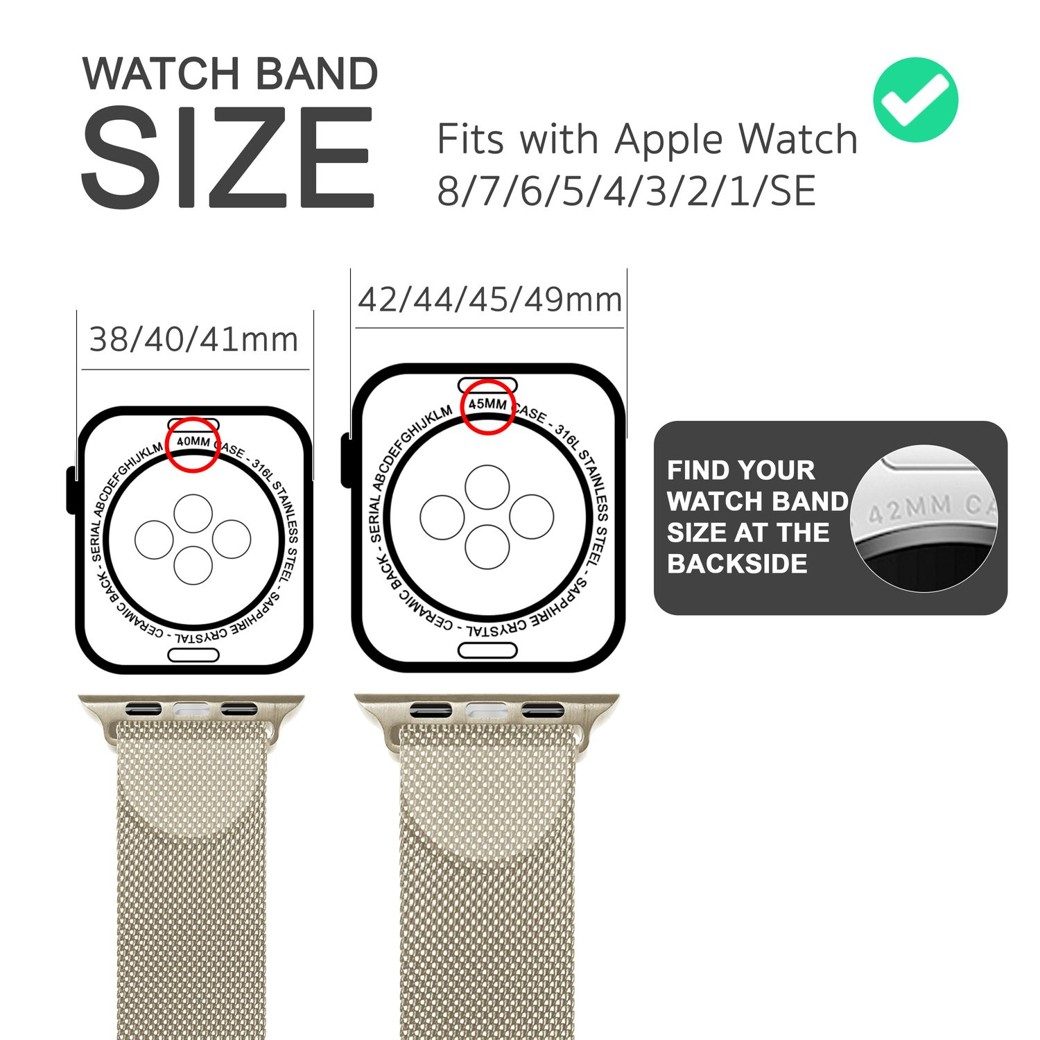 Bild zeigt Apple Watch Größenführer. Diagramme von Zifferblättern und Armbandgrößen werden angezeigt.