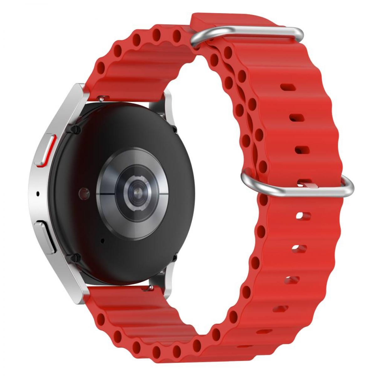 Eine rote Uhr mit rotem strukturiertem Armband und silbernen Akzenten. Weißer Hintergrund. Die Uhr ist sichtbar.