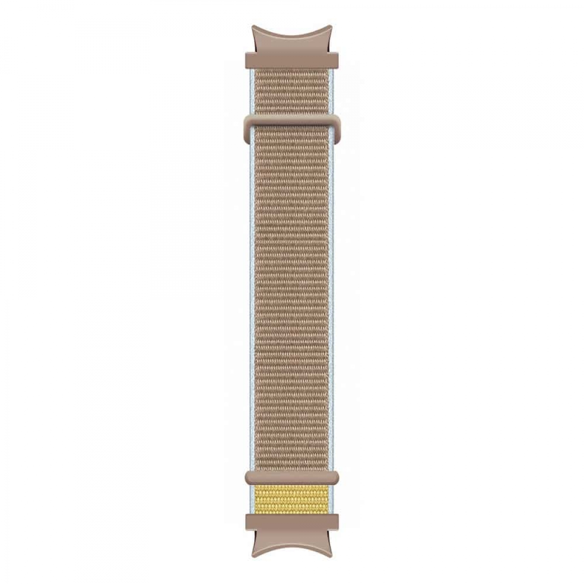 Beiges und braunes Uhrenarmband mit Metallbefestigungen. Weißer Hintergrund.