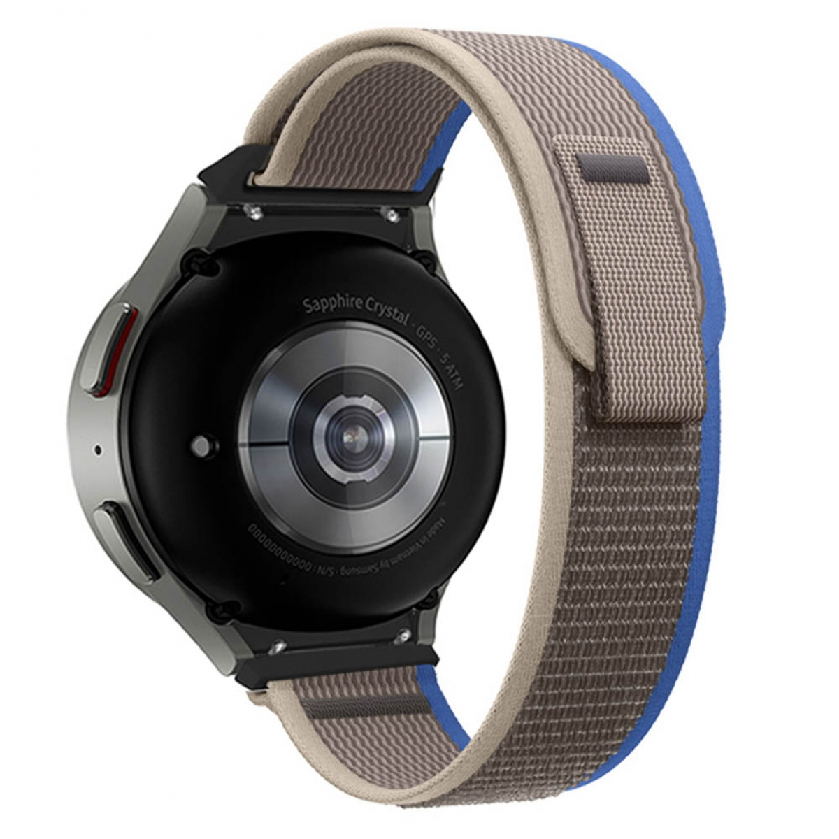 Armband an einer Smartwatch, Beige- und Blautöne.