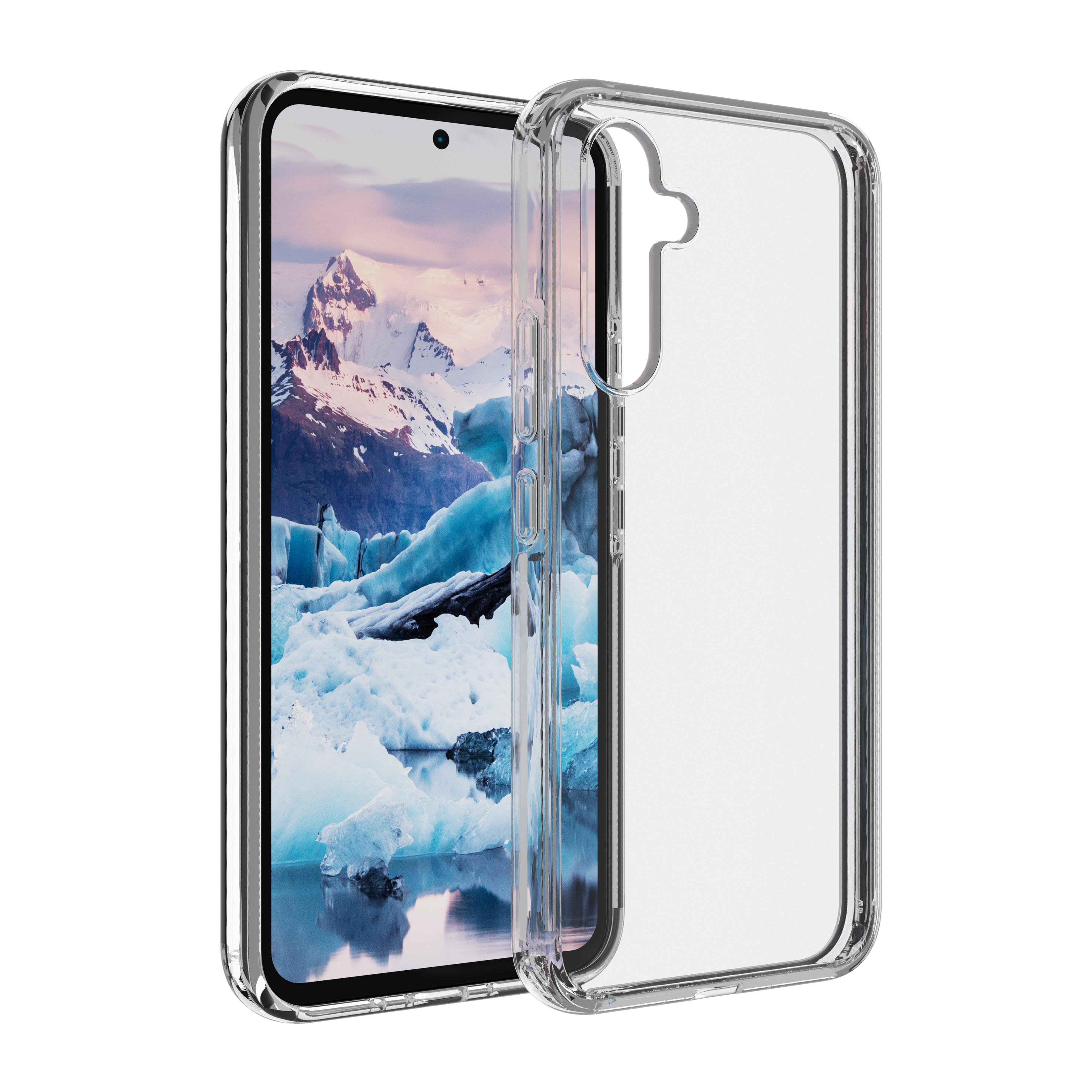 Eine klare Handyhülle neben einem Handy, das eine Berg- und Gletscherlandschaft auf schwarzem Hintergrund zeigt.