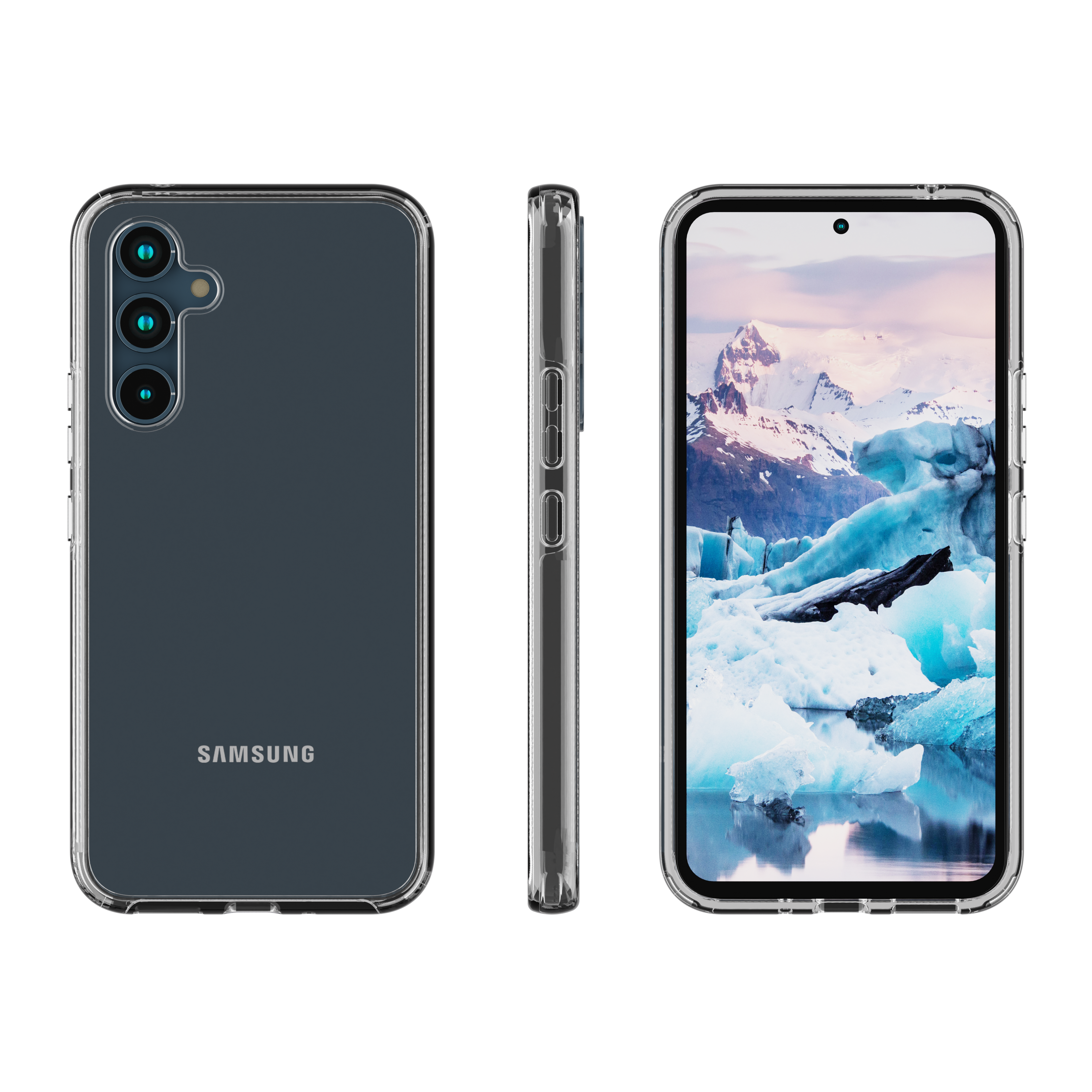 Drei Ansichten eines Samsung-Telefons in einer transparenten Hülle. Der Bildschirm zeigt eine Landschaft mit Eisbergen und Bergen.