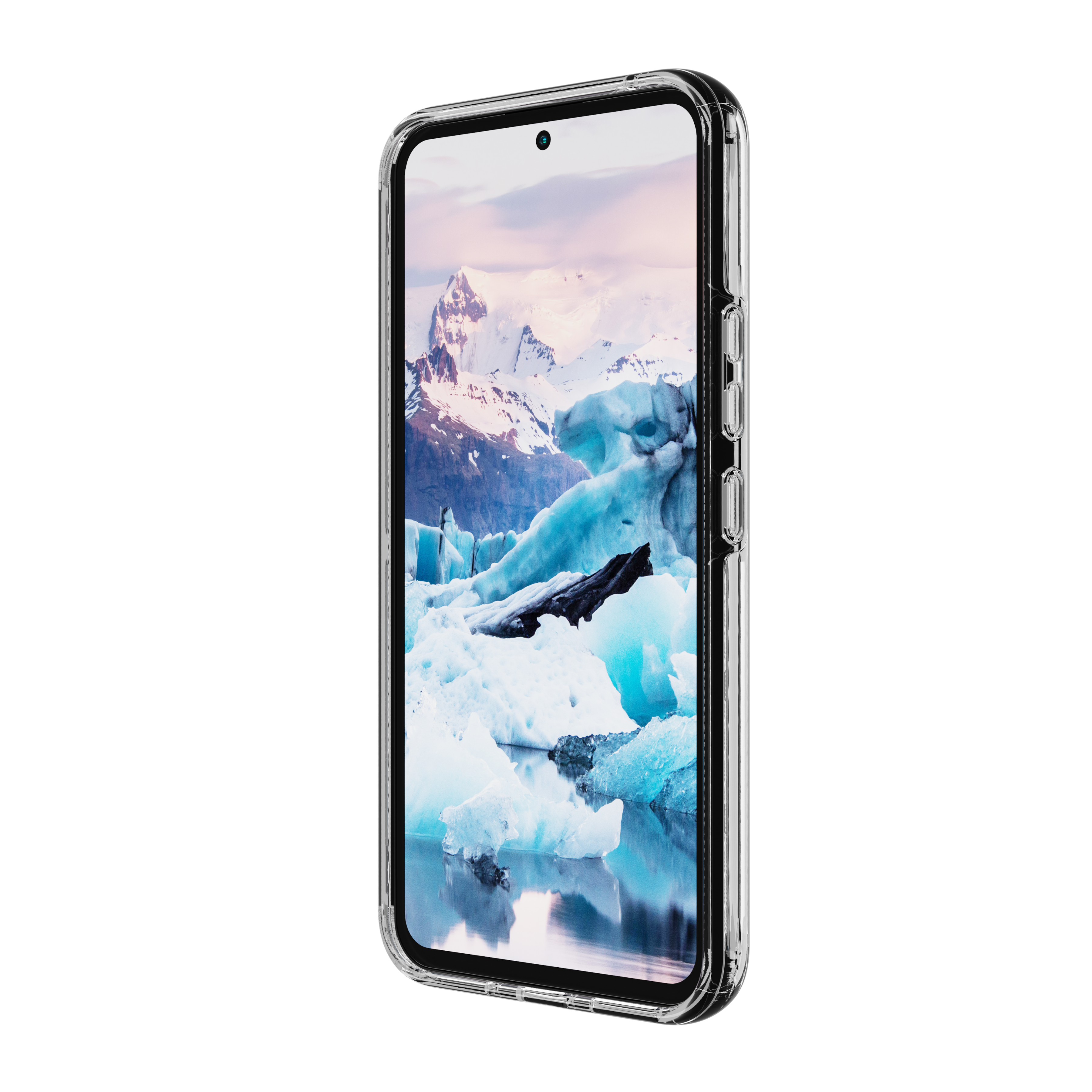 Ein Smartphone in einer transparenten Hülle zeigt eine Landschaft mit Eisbergen und Bergen vor schwarzem Hintergrund.