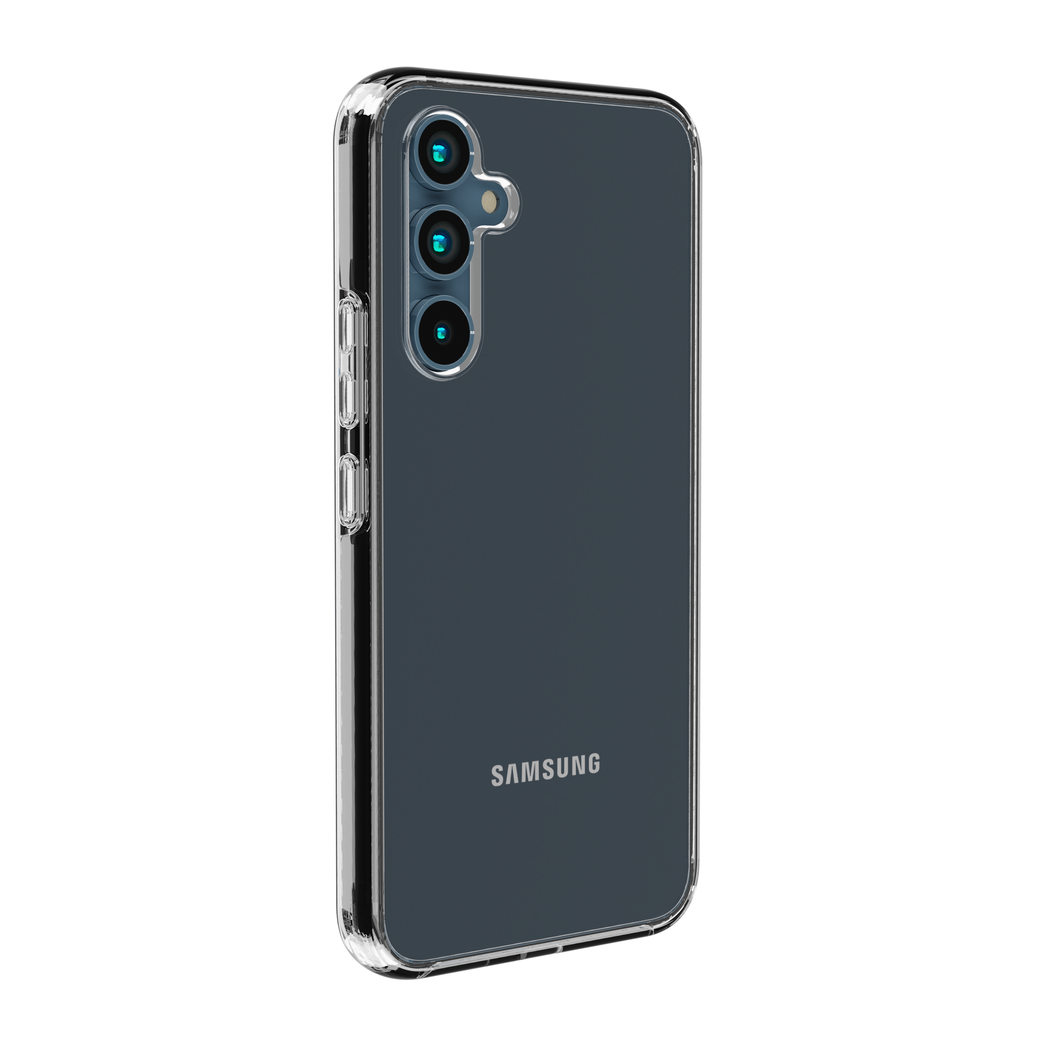 Ein Samsung-Telefon in einer durchsichtigen Hülle. Das Telefon hat drei Kameralinsen und ein SAMSUNG-Logo.