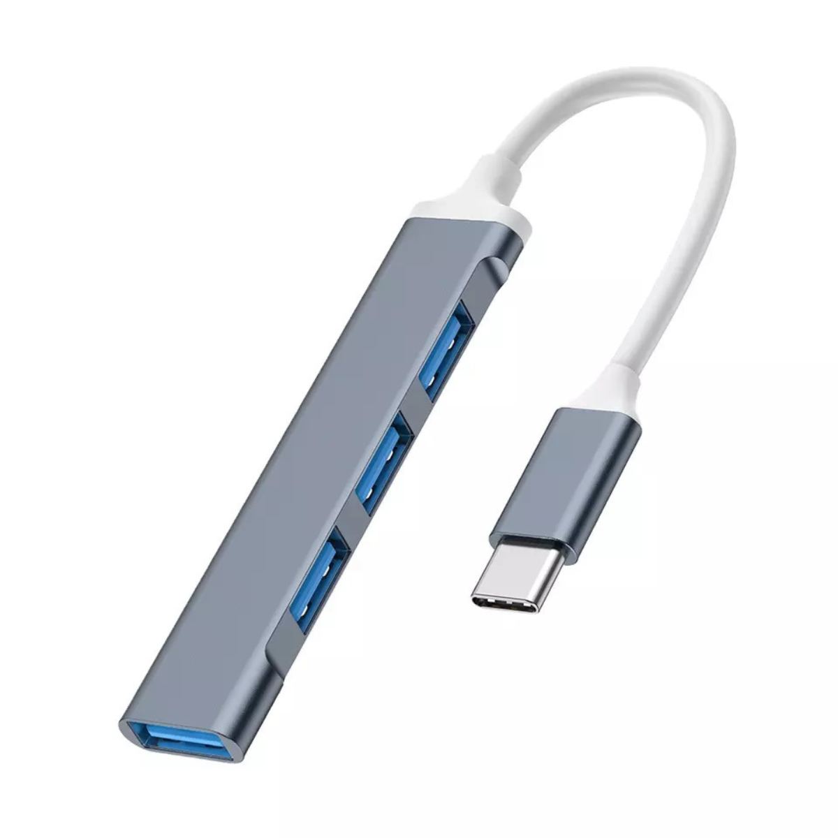 USB-Hub mit vier blauen USB-Anschlüssen, grauem Gehäuse und weißem Kabel. Mit USB-C-Anschluss.