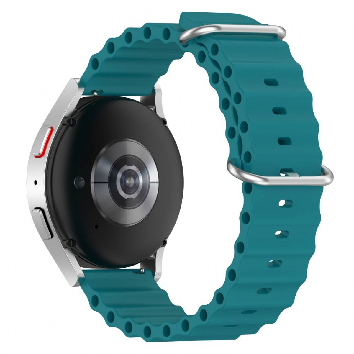 Eine Smartwatch mit teal-farbenem Armband und silbernen Verschlüssen.