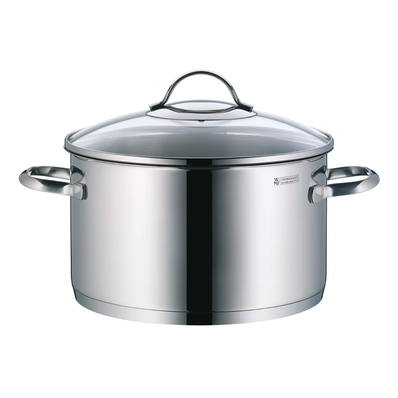 Una olla brillante de acero inoxidable con tapa de cristal y dos asas.