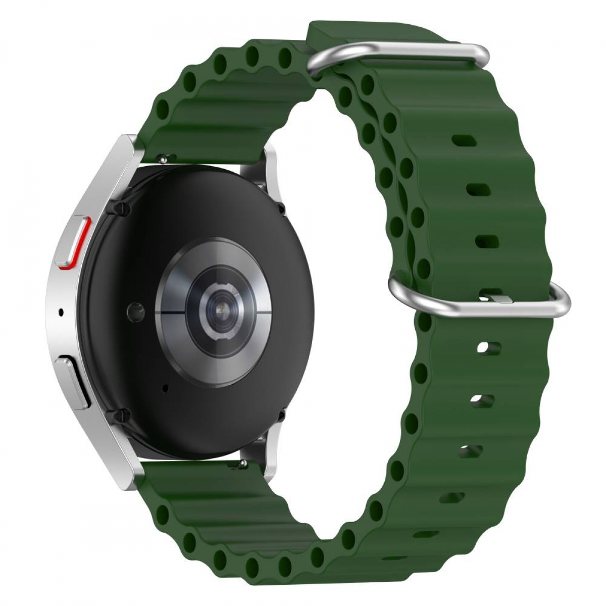 Smartwatch mit grünem Armband. Die Uhr ist silberfarben mit schwarzer Rückseite und zeigt die Rückseite.