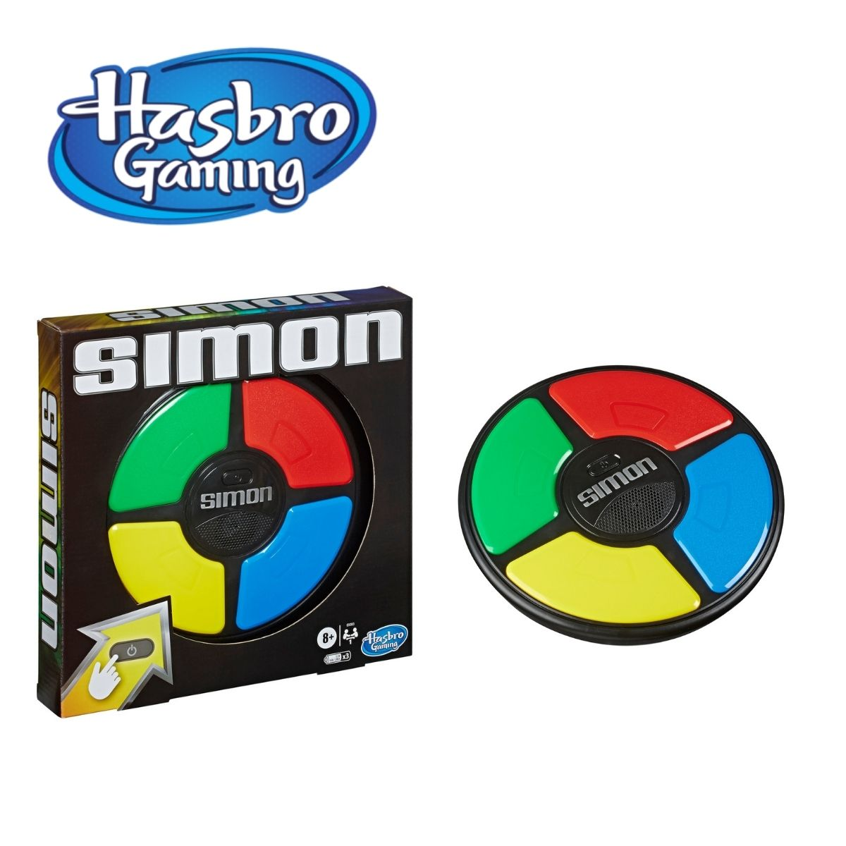 Juego Simon, caja y unidad de juego. El juego tiene botones de colores: verde, rojo, amarillo y azul.