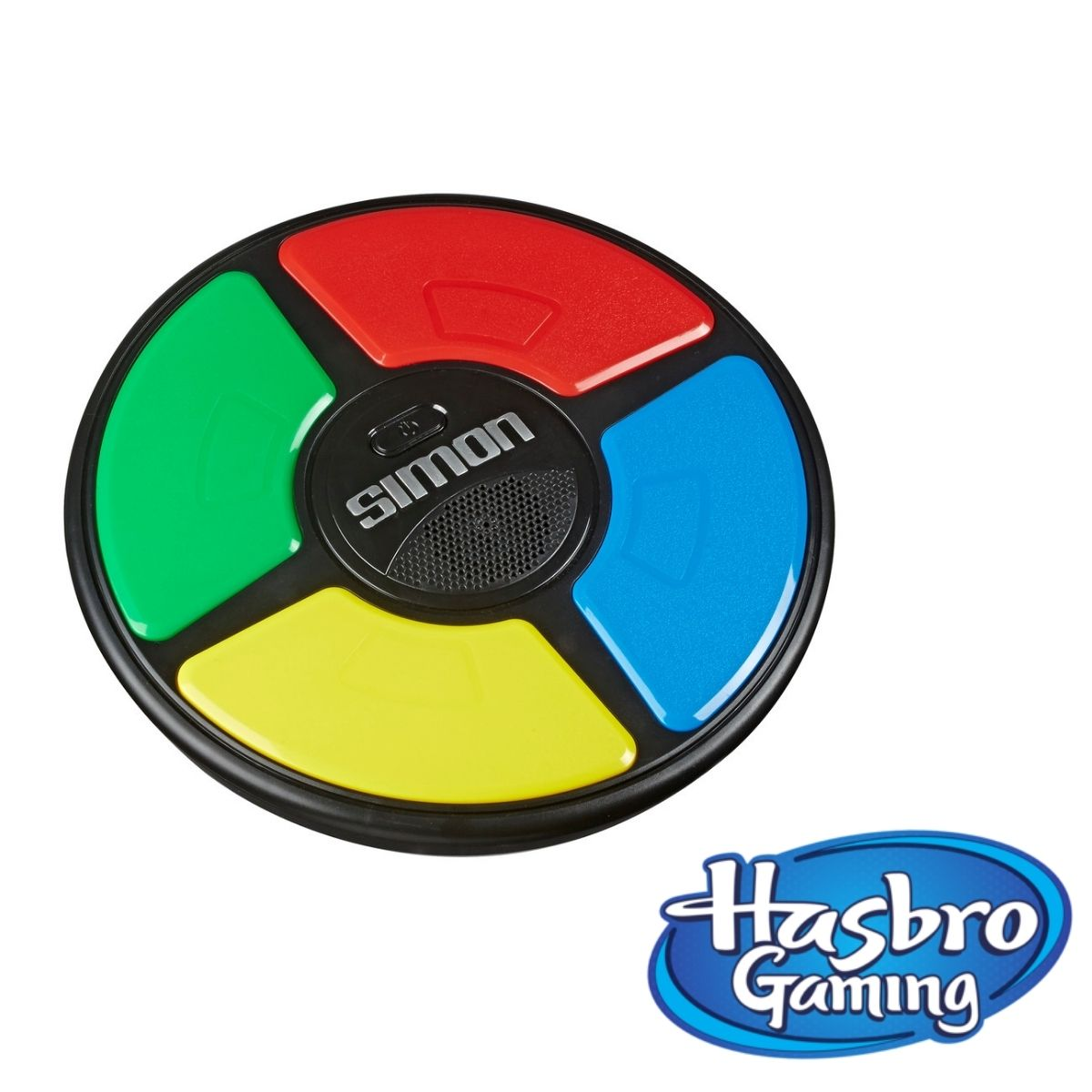 Un juego Simon con botones de colores: verde, rojo, amarillo y azul. Se muestra el logo Hasbro Gaming.