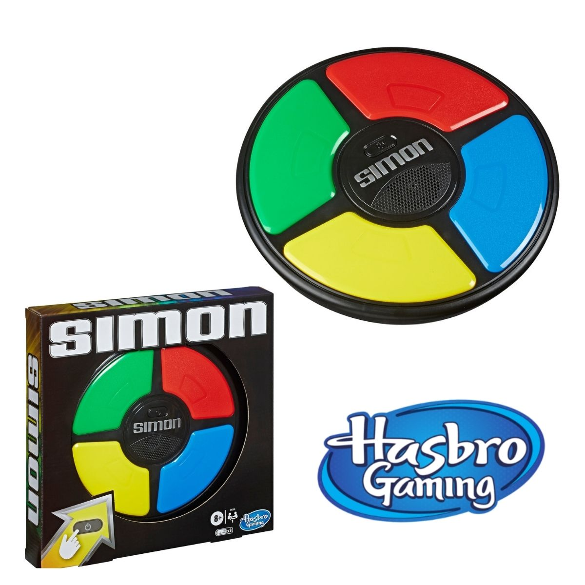 Juego Simon y caja. Juego colorido con cuatro botones.
