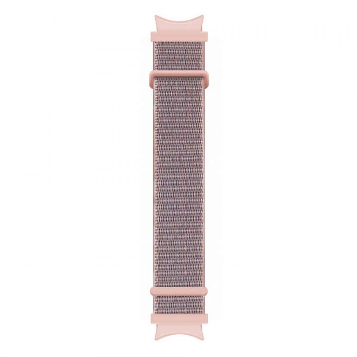 Ein rosa Stoff-Uhrenarmband. Es hat ein gewebtes Muster und rosa Verbinder.