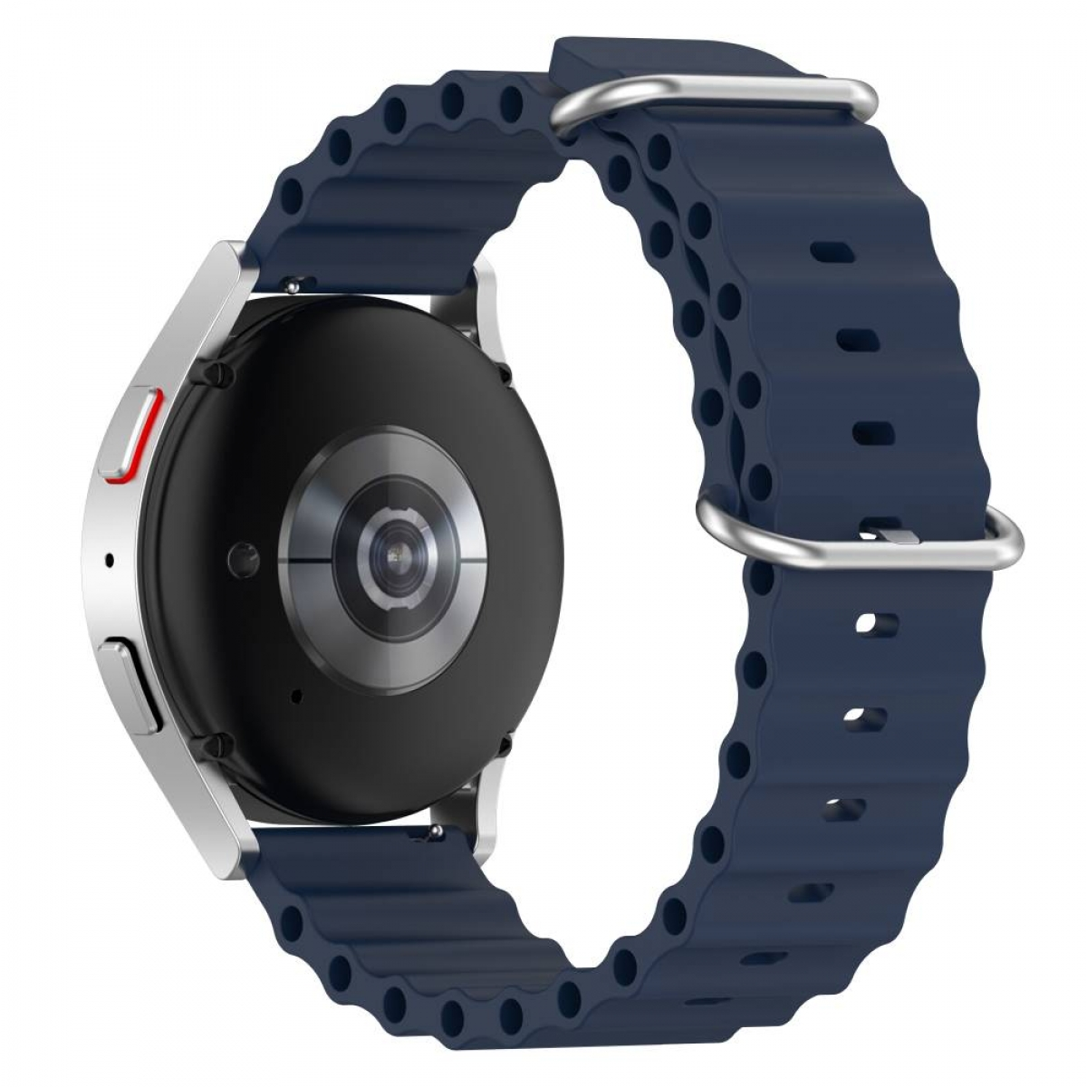 Smartwatch. Schwarzes Zifferblatt, blaues Armband. Metallverschluss. Sensoren sichtbar.