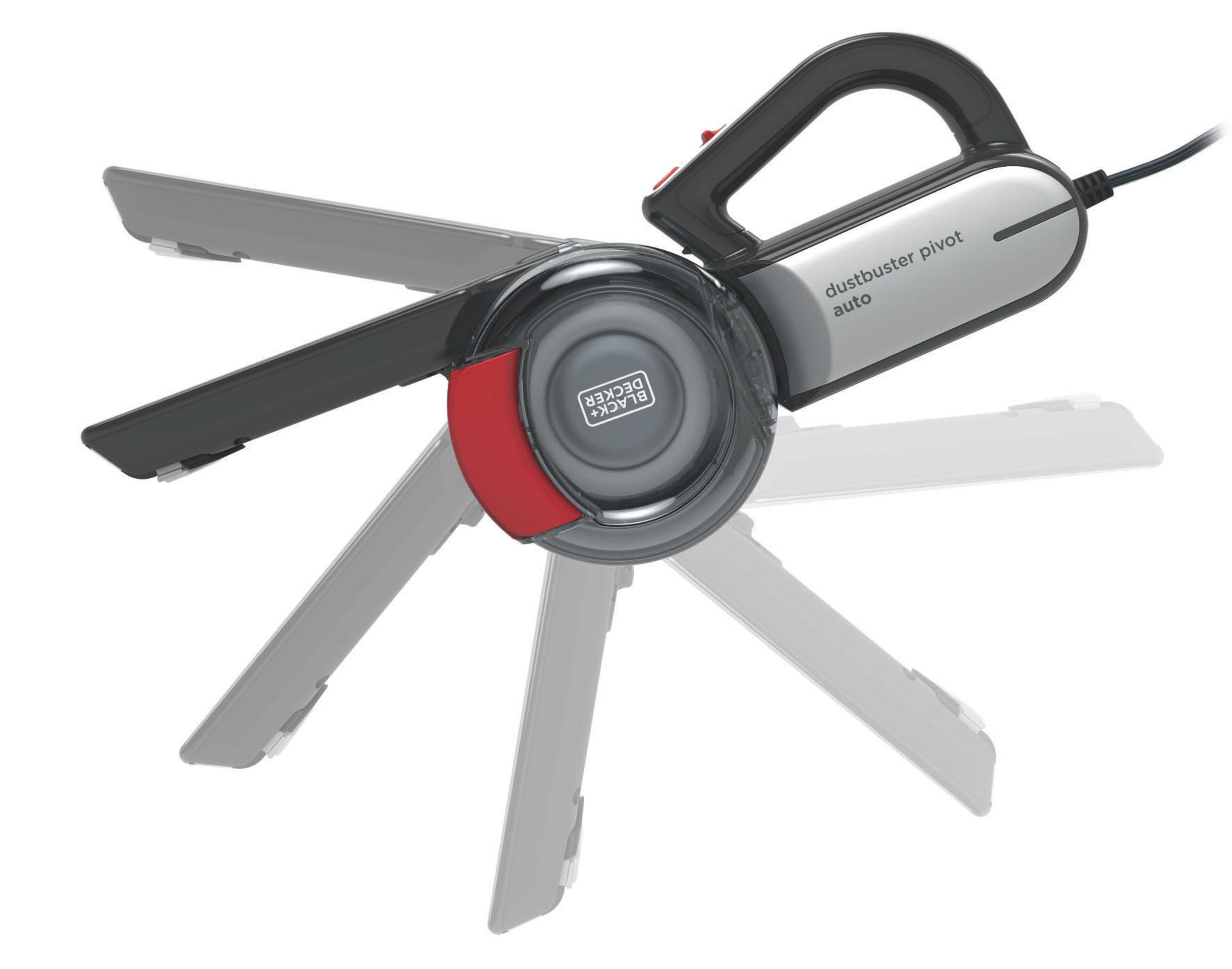 Aspirateur Dustbuster noir et gris, pivotant. Fond blanc.