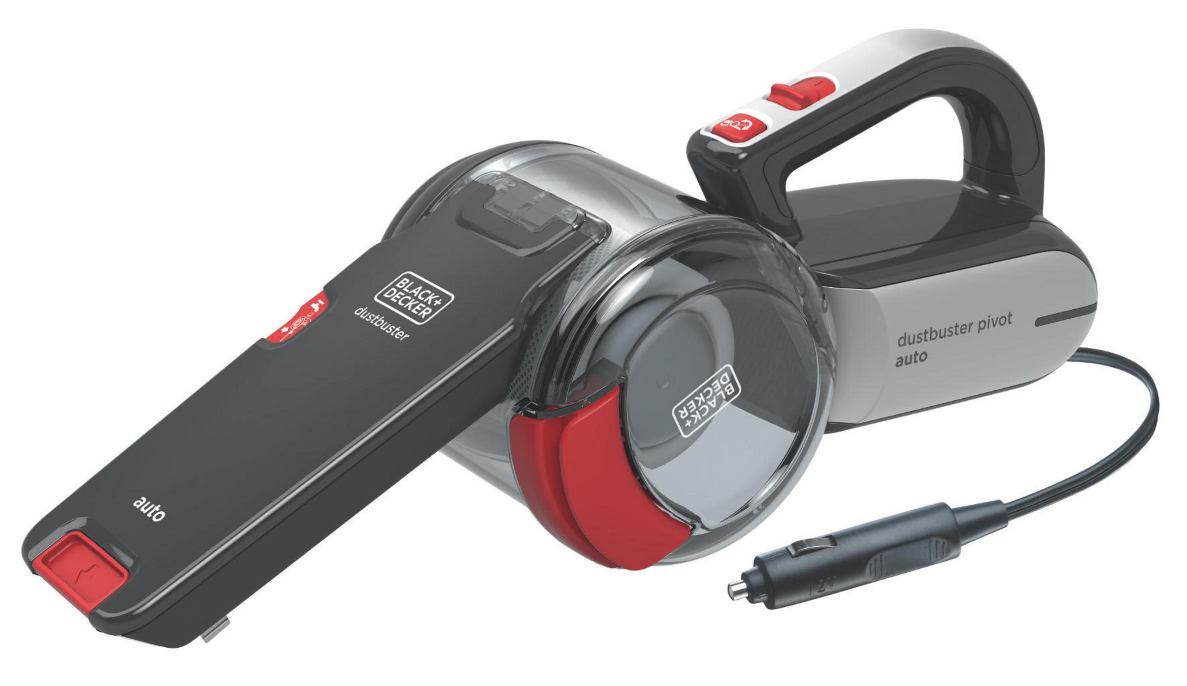 Aspirateur Dustbuster noir et gris avec des touches de rouge et un cordon d'alimentation.