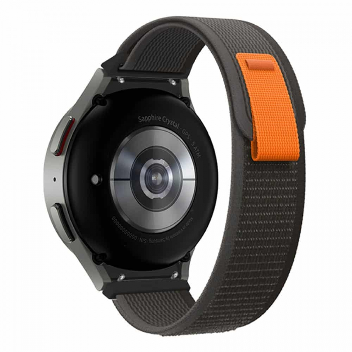 Rückansicht einer Smartwatch mit grauem Armband und orangefarbenem Akzent am Band.