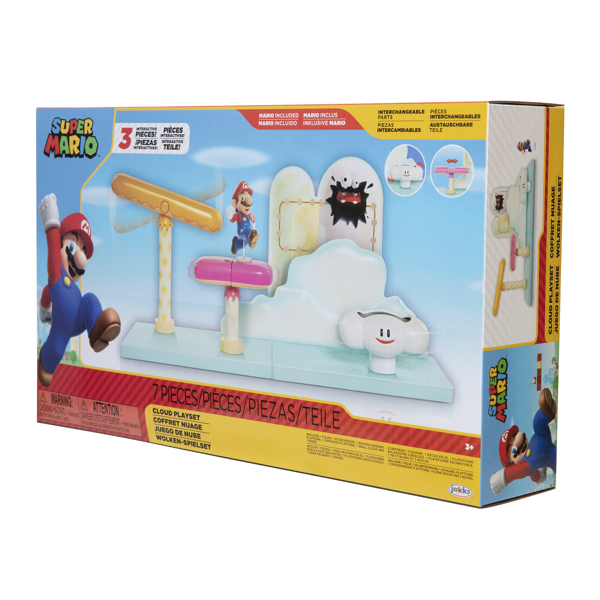 Caja del playset de Super Mario. Incluye a Mario, nivel de nubes y otros elementos.