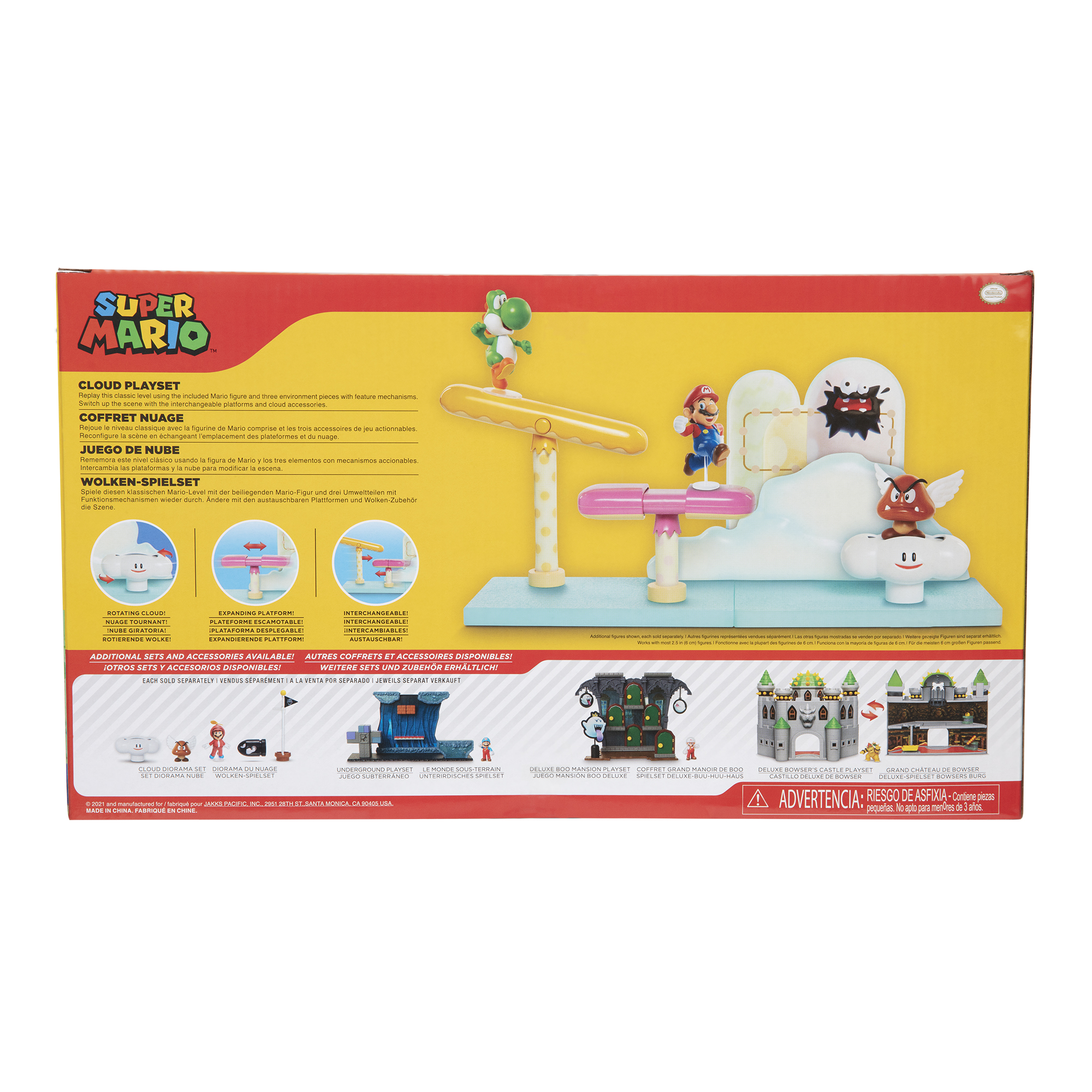 Arte de la caja: Super Mario Cloud Playset, con Mario, Yoshi y Bowser. El fondo muestra el playset.