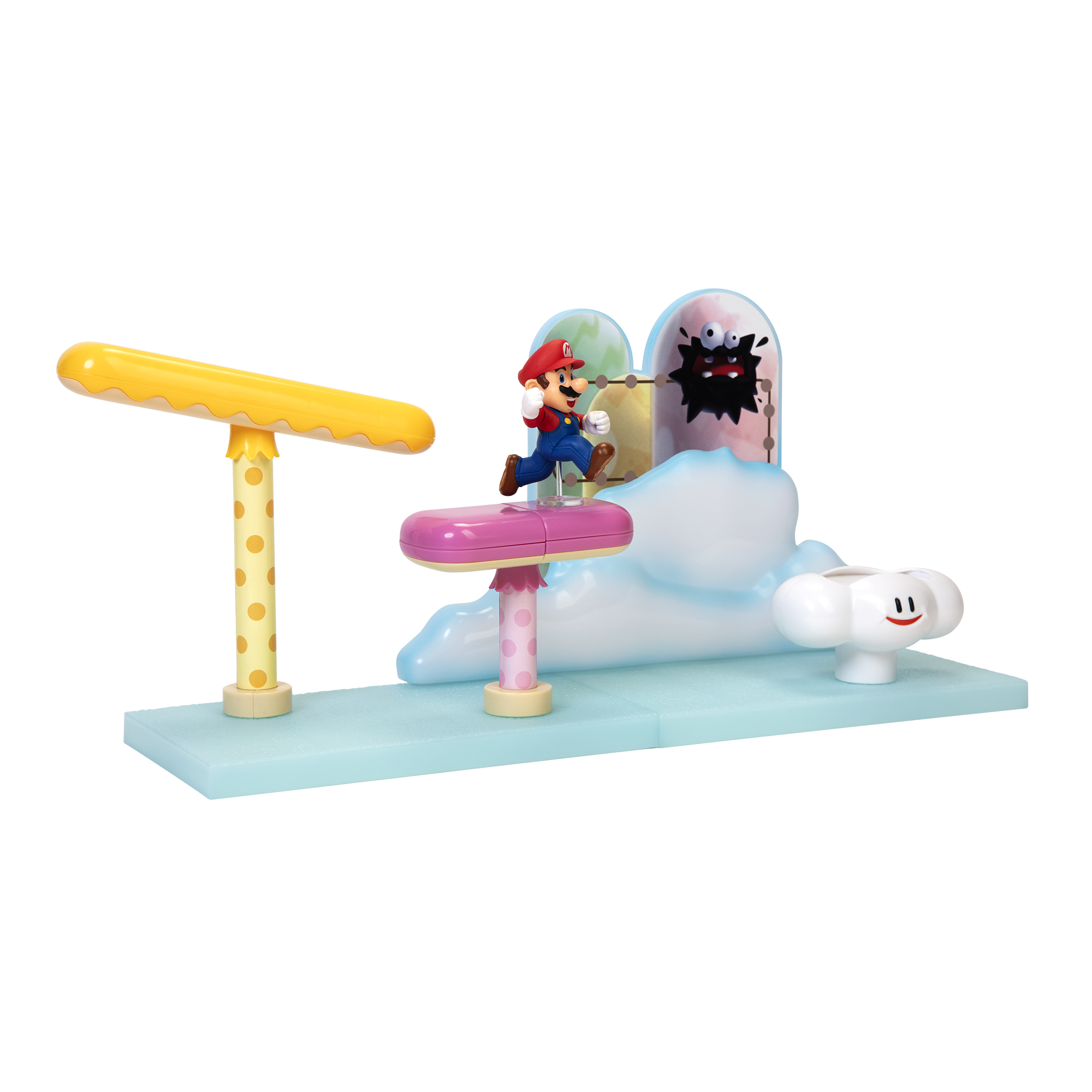 Escena de juguetes de Super Mario. Mario salta hacia una figura negra en una nube, con plataformas coloridas.
