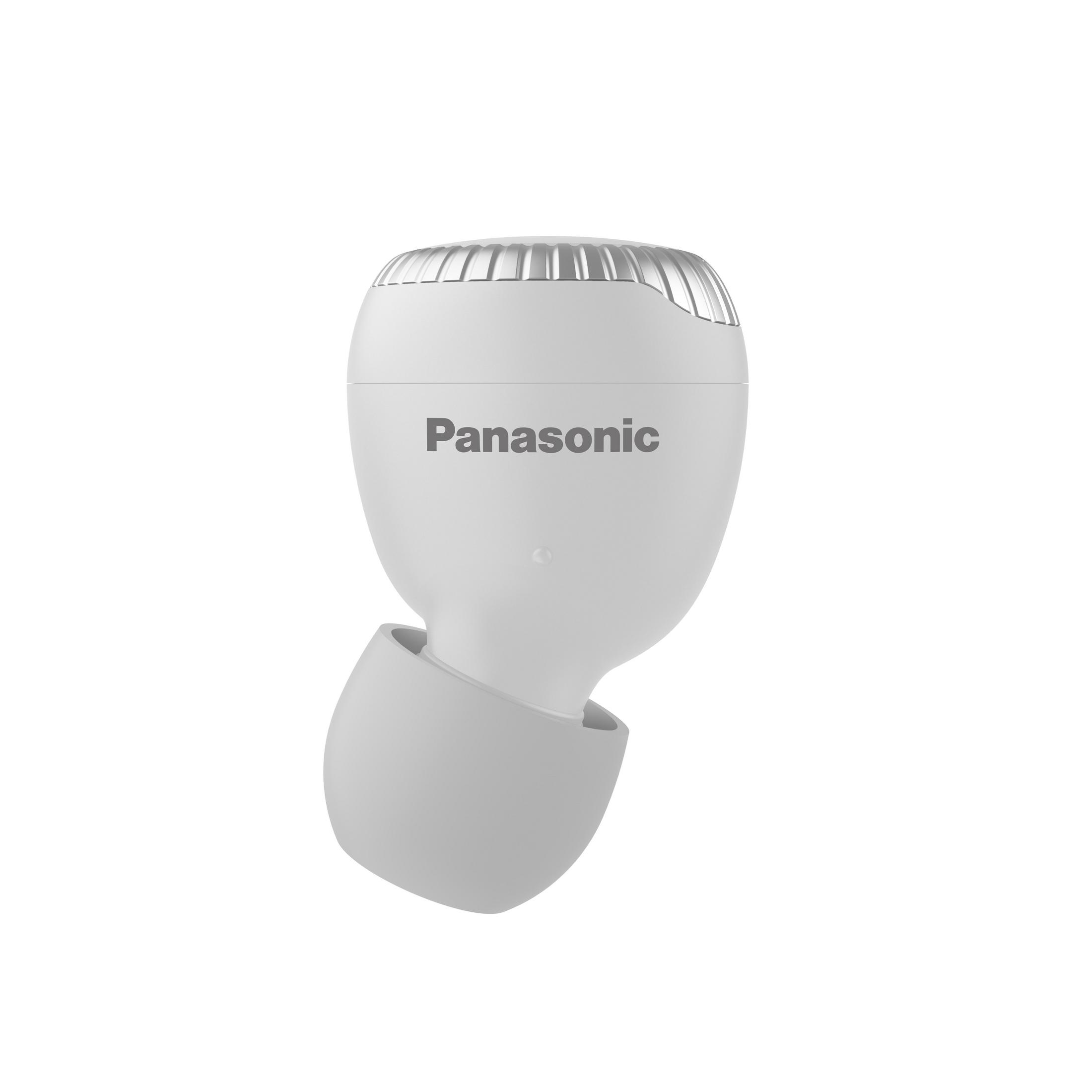 Auricular Panasonic blanco. Punta gris para el oído. Fondo blanco.