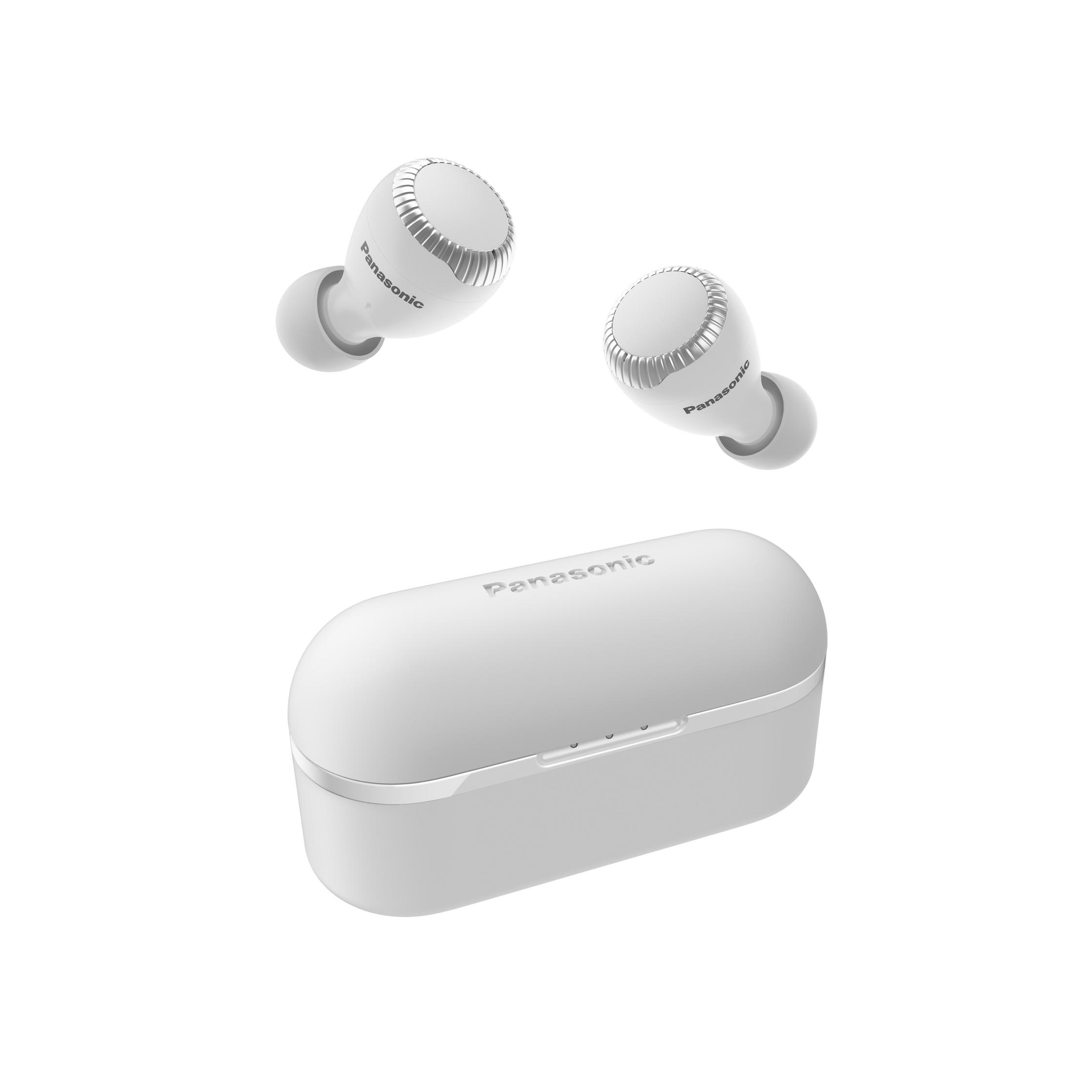 Auriculares blancos y estuche de carga, sobre un fondo blanco.