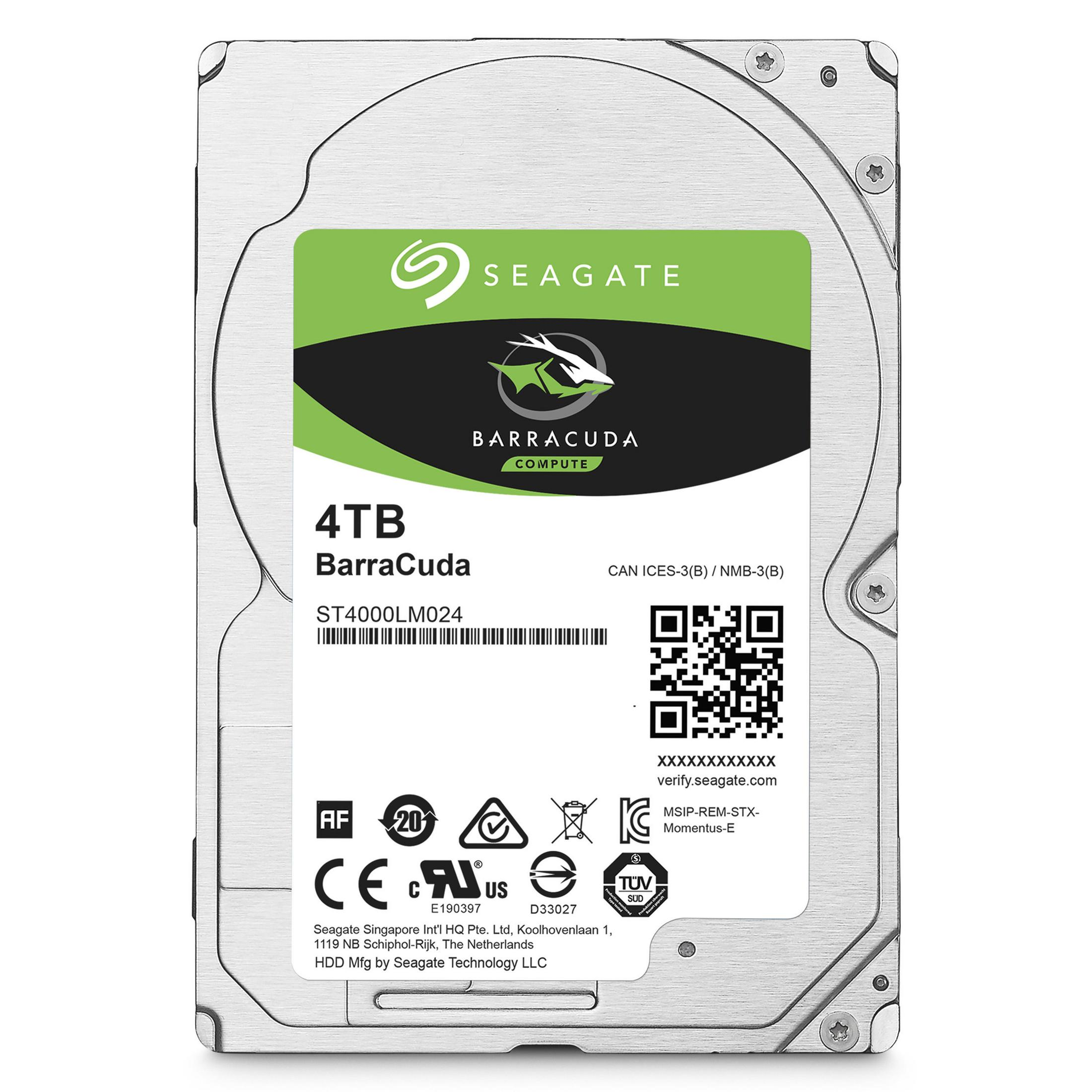 Dysk twardy Seagate Barracuda 4TB z zielono-białą etykietą. Posiada kod QR i inne oznaczenia.