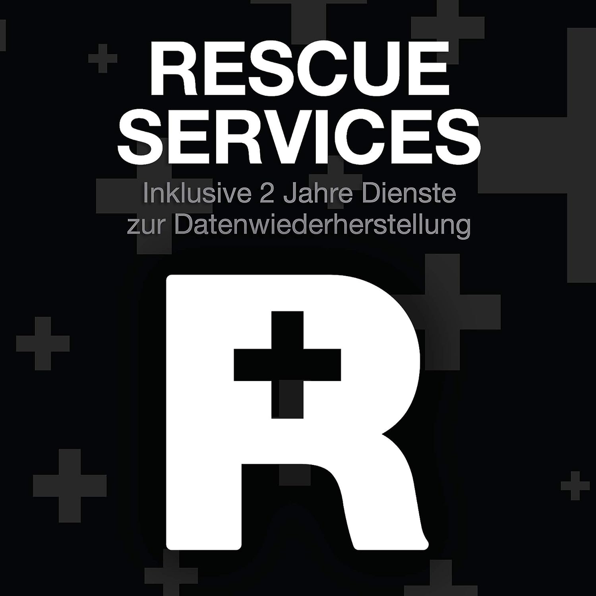 Czarno-biały obraz z napisem 'Rescue Services' i logo znaku plus.