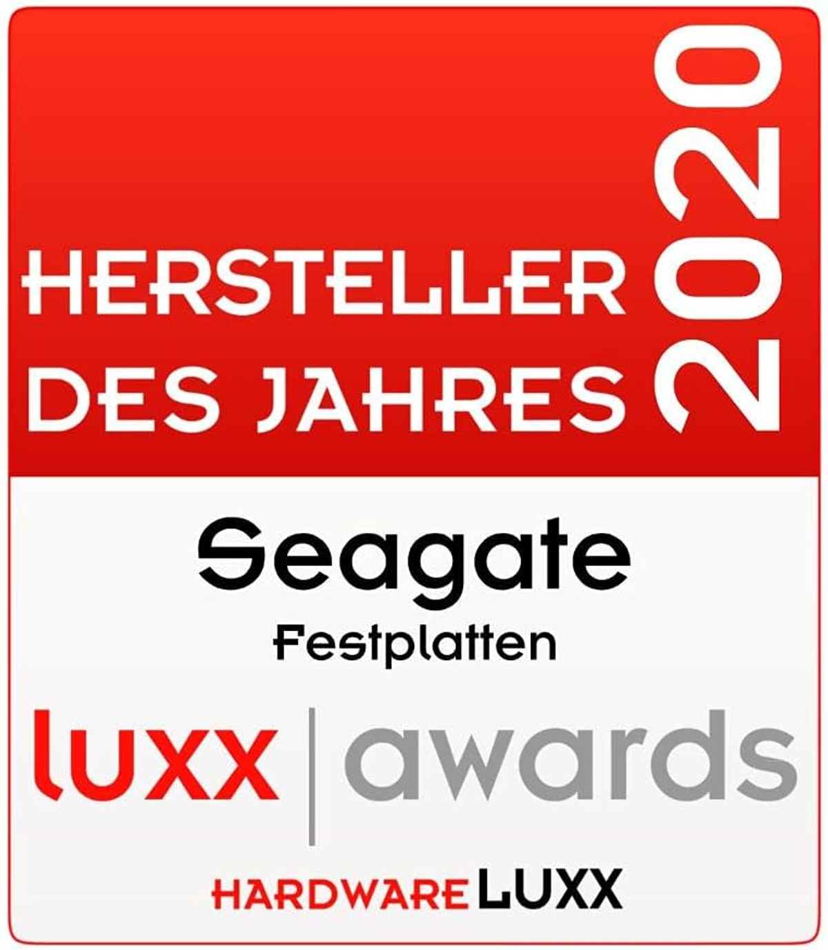 Czerwony i biały certyfikat nagrody. Tekst: Hersteller des Jahres 2020 i Seagate.