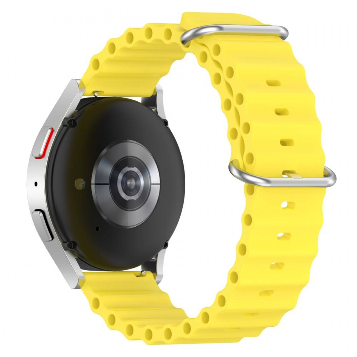 Gelbes Smartwatch-Armband mit silbernem Uhrengehäuse. Das Armband hat eine wellenförmige Textur.