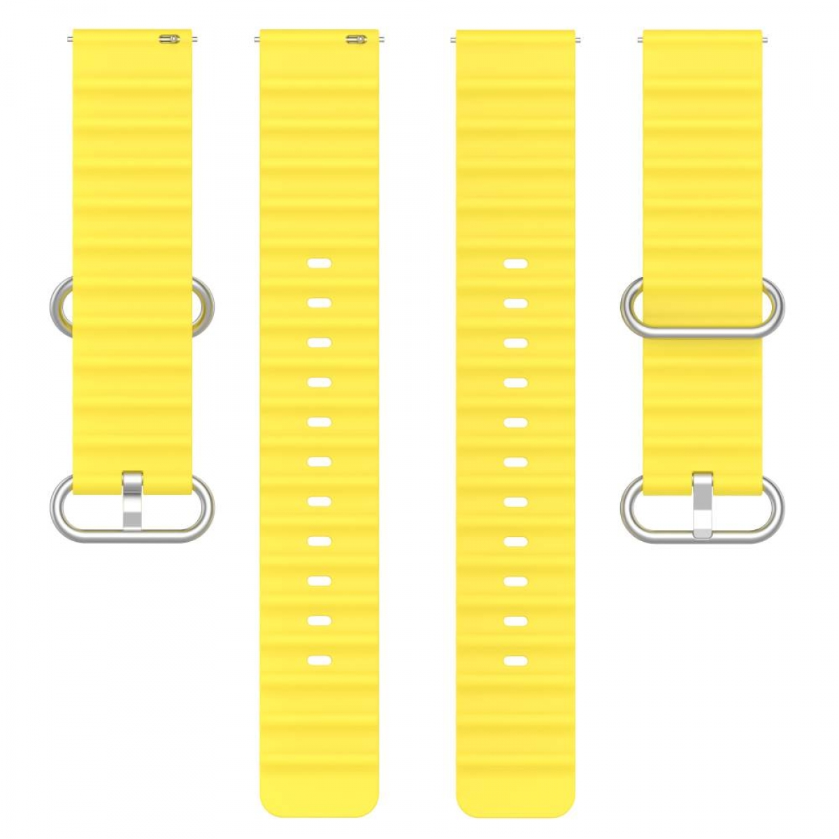 Vier gelbe Uhrenarmbänder. Zwei Armbänder mit Schnallen an den Enden und zwei mit Löchern für die Stifte.