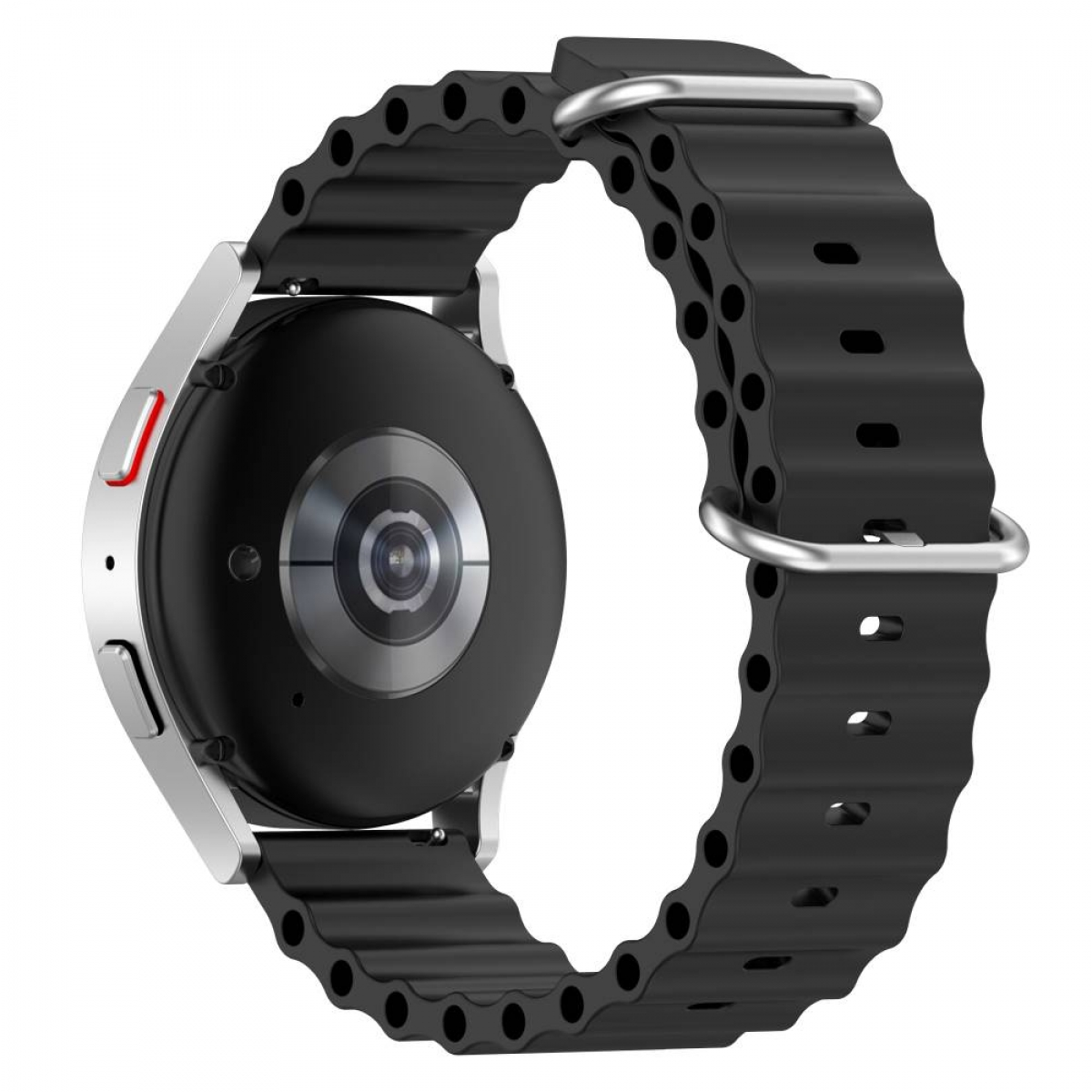 Schwarze und silberne Uhr mit schwarzem geriffeltem Armband. Die Uhr wird von hinten betrachtet.