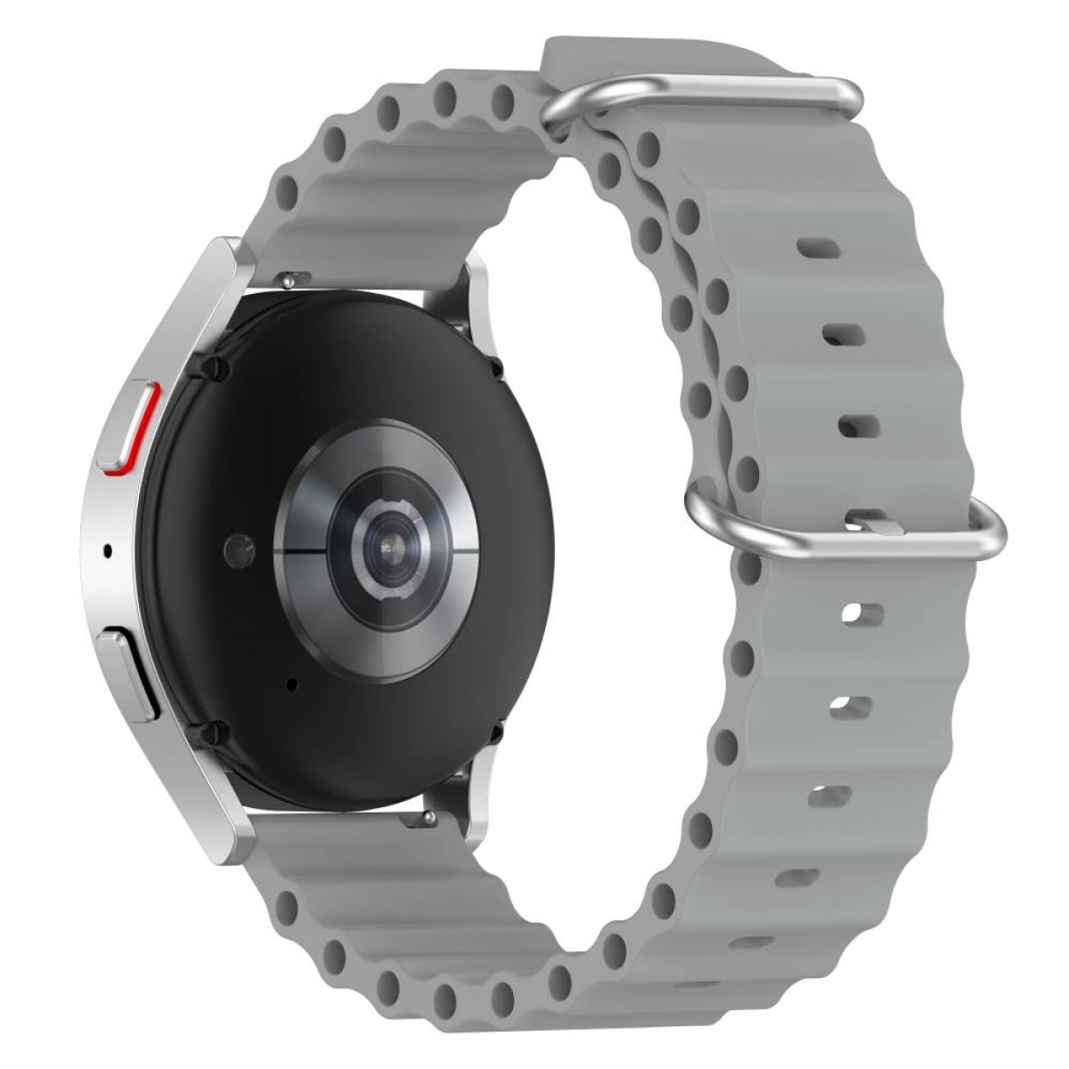 Silberne Smartwatch mit grauem Armband, Rückseite sichtbar. Schwarzer Sensorbereich, silberner Ring, weißer Hintergrund.