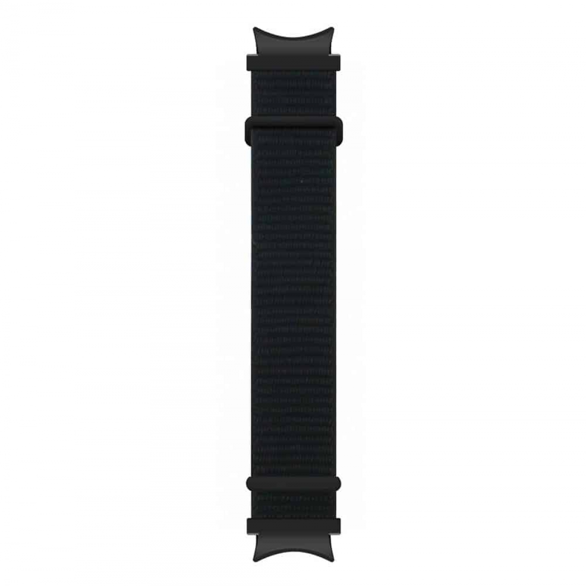 Schwarzes Armband mit gewebter Textur, schwarzen Schnallen und Anschlüssen auf weißem Hintergrund.