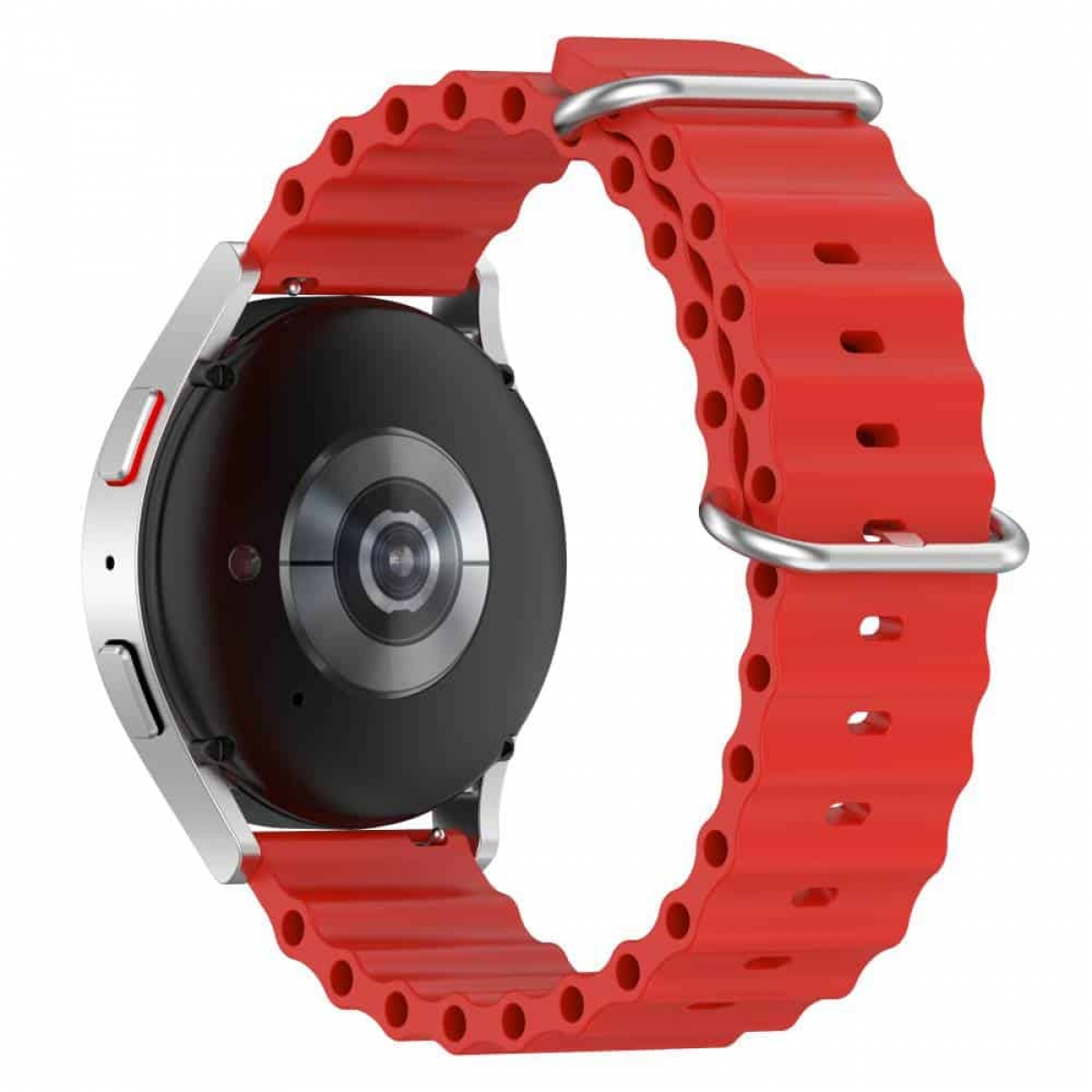 Rotes Smartwatch-Armband mit silbernen Aufsätzen. Das Armband hat ein wellenförmiges Design. Weißer Hintergrund.