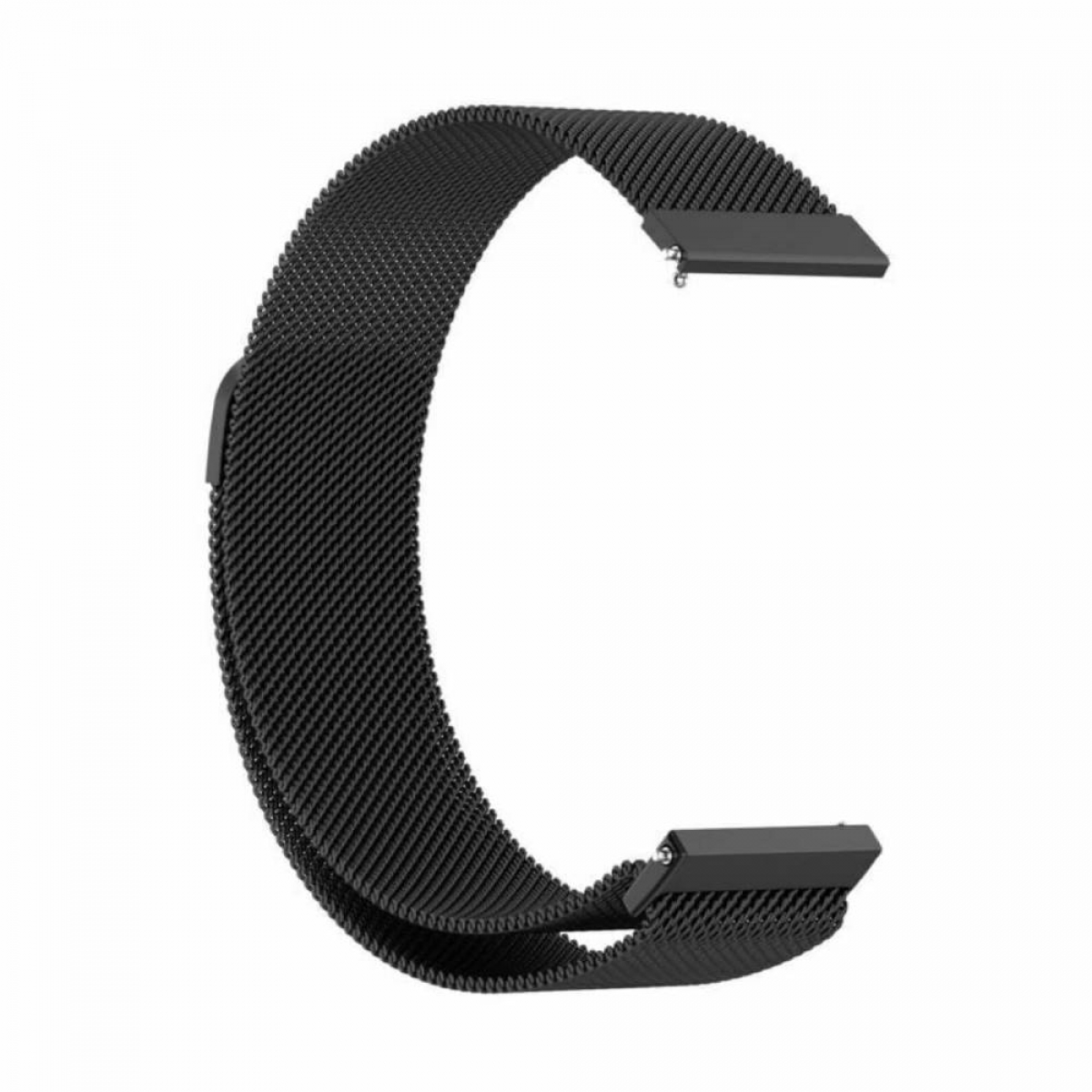 Schwarzes Mesh-Uhrenarmband mit schwarzen Anschlüssen und einer Schnalle. Das Band hat eine C-Form.