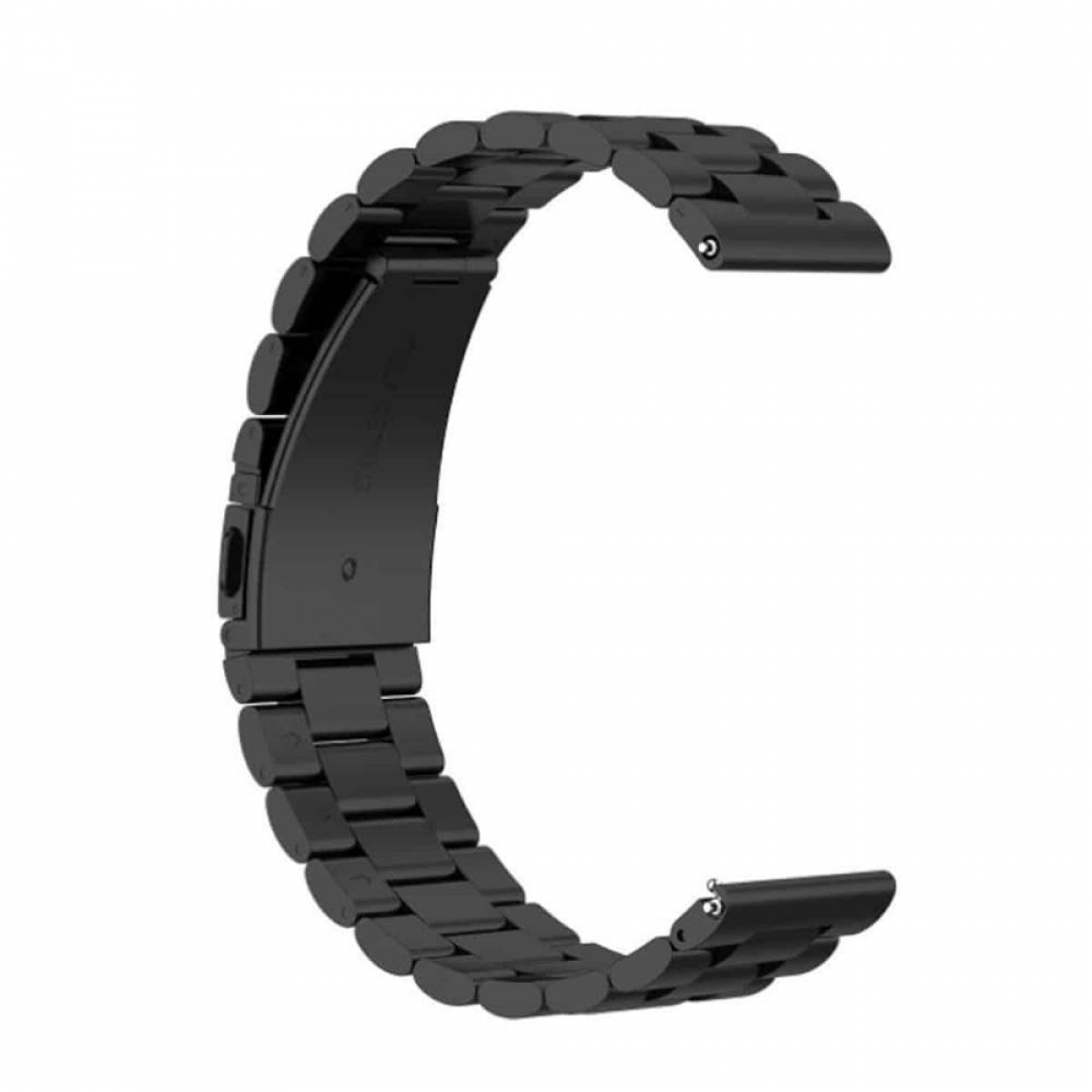 Ein schwarzes Uhrenarmband, das aus miteinander verbundenen Gliedern besteht, ist in C-Form gebogen.