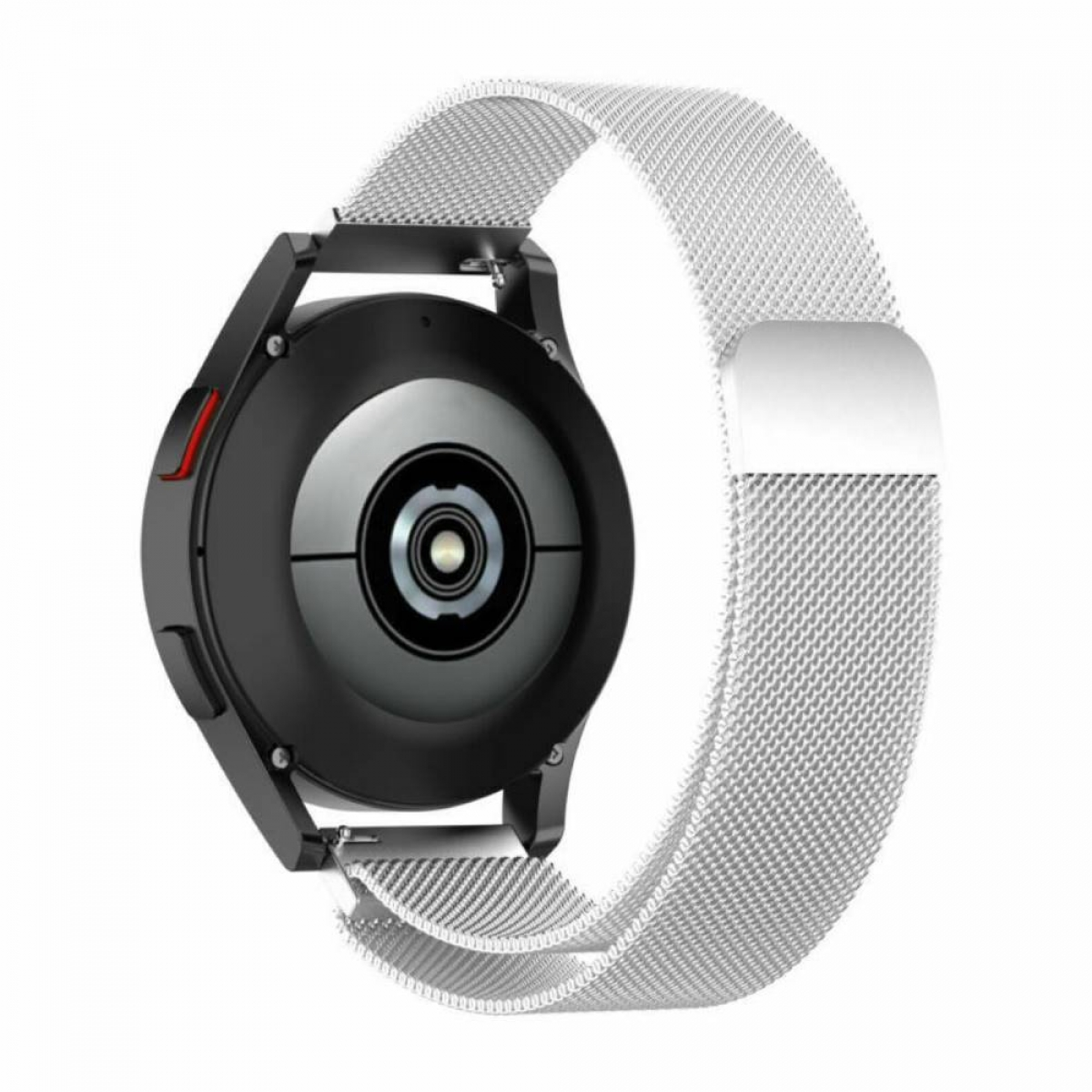 Schwarze Smartwatch mit silbernem Mesh-Armband auf weißem Hintergrund.
